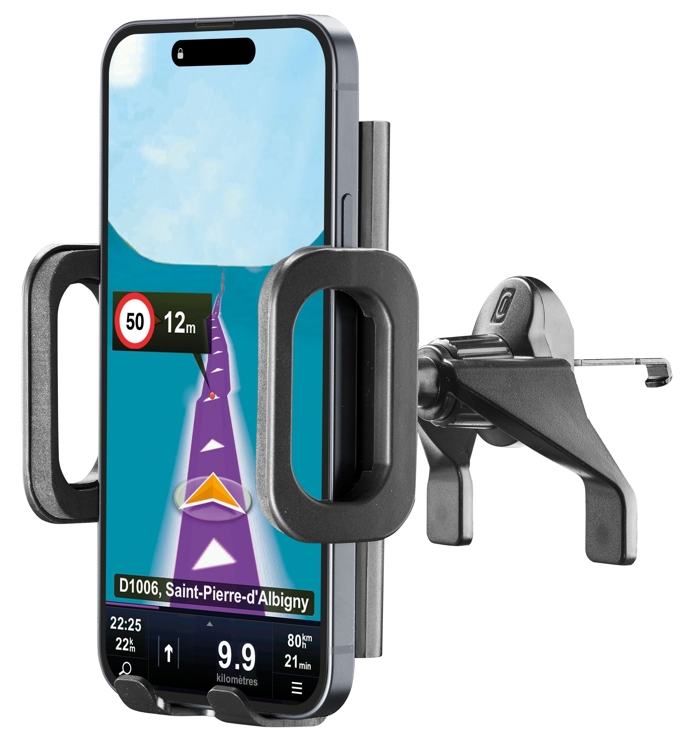 Teléfono en soporte de coche mostrando app de navegación con límite de velocidad y distancia al destino.