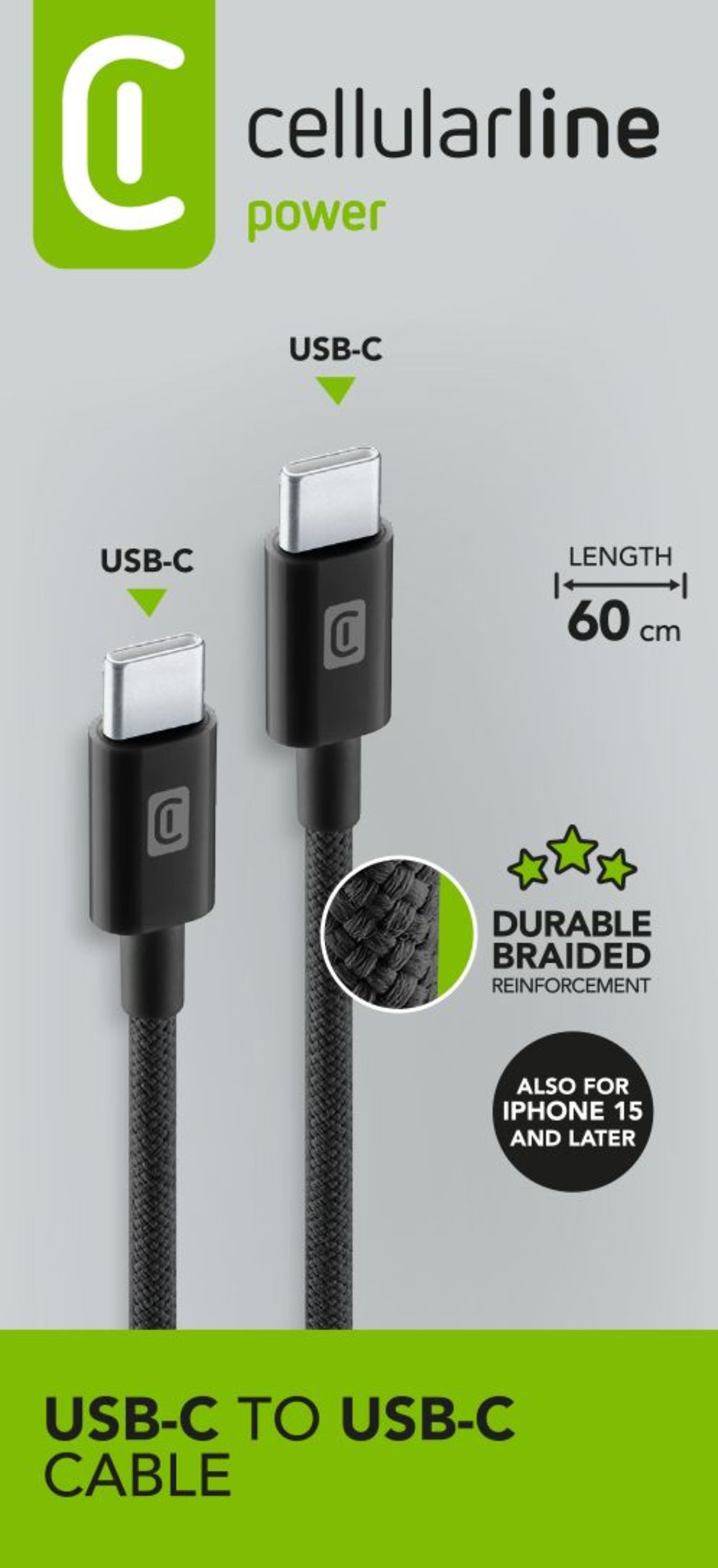 Cable USB-C a USB-C negro con refuerzo trenzado e información del producto.