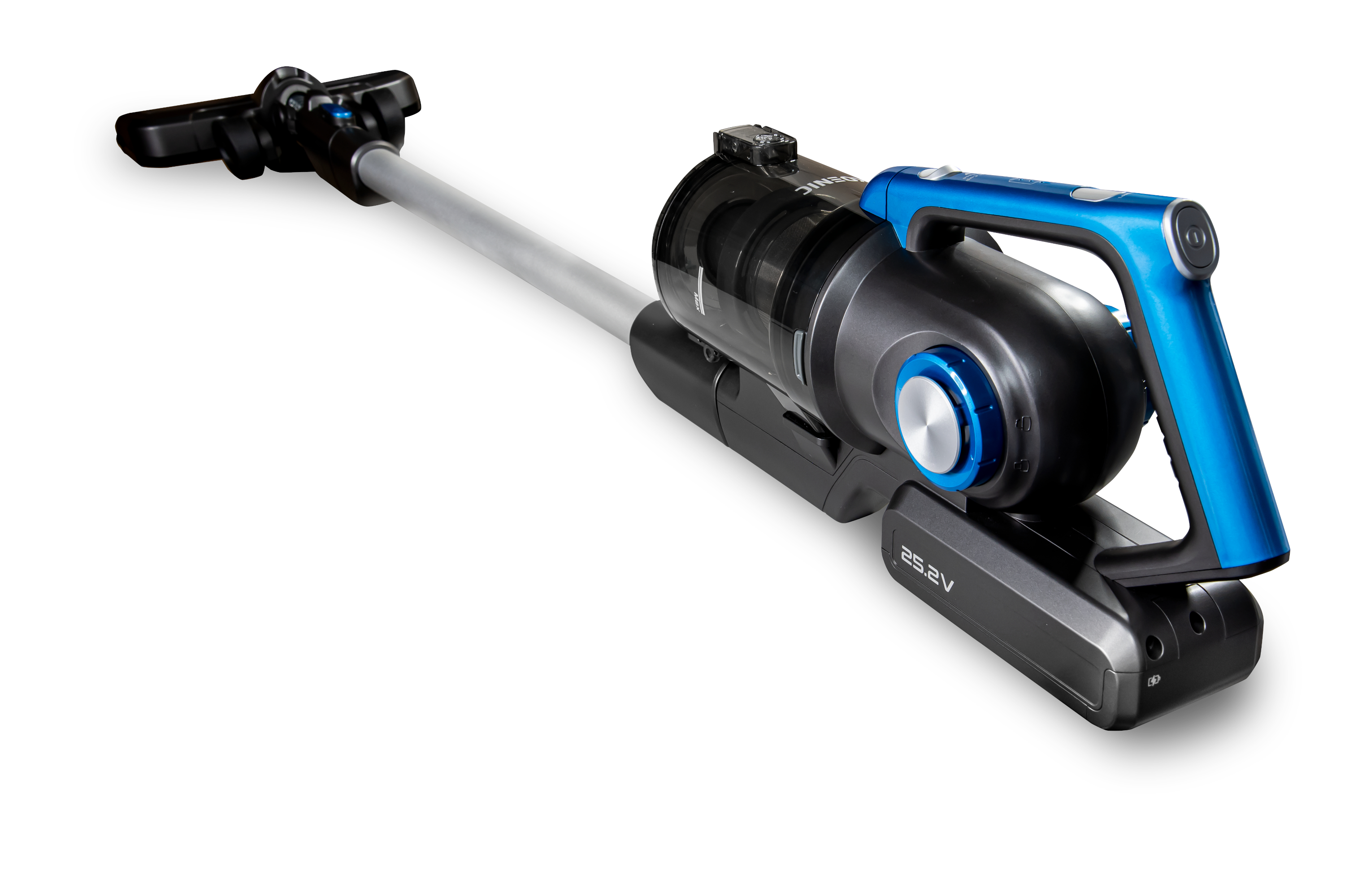 Szaro-niebieski odkurzacz bezprzewodowy na białej powierzchni.