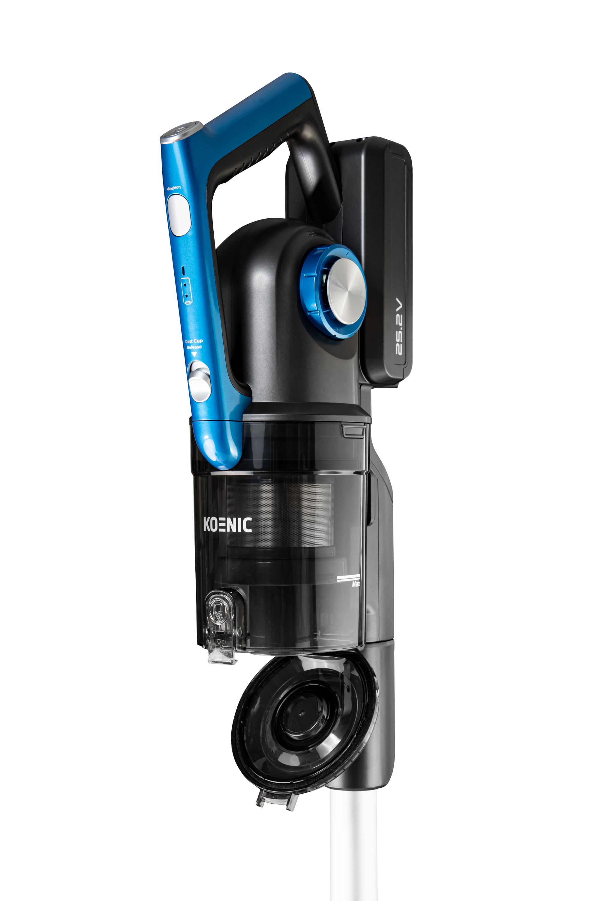 Odkurzacz bezprzewodowy. Ma niebieski uchwyt i jest czarno-biały.