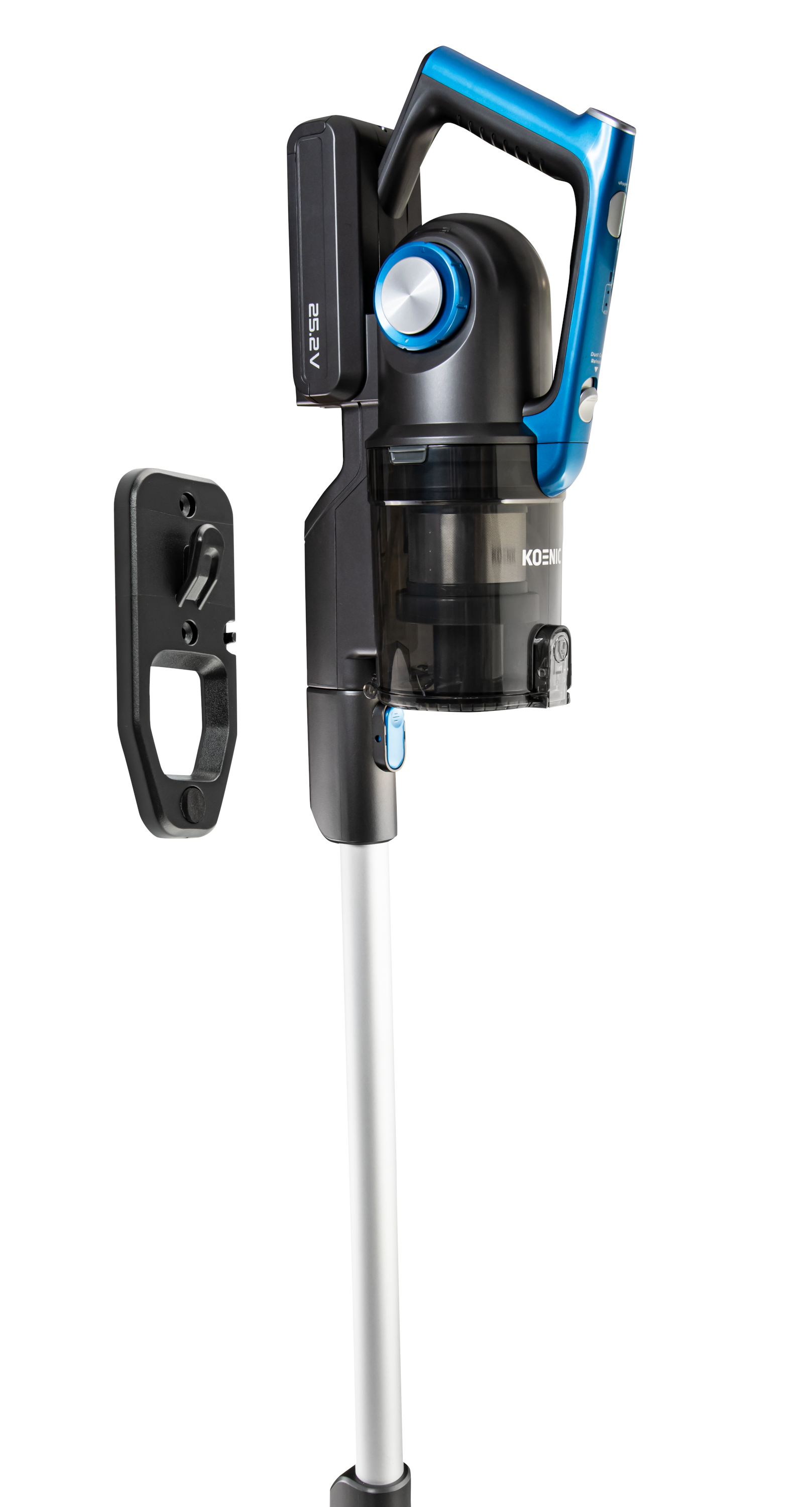 Czarny i niebieski odkurzacz bezprzewodowy z stacją ładującą.