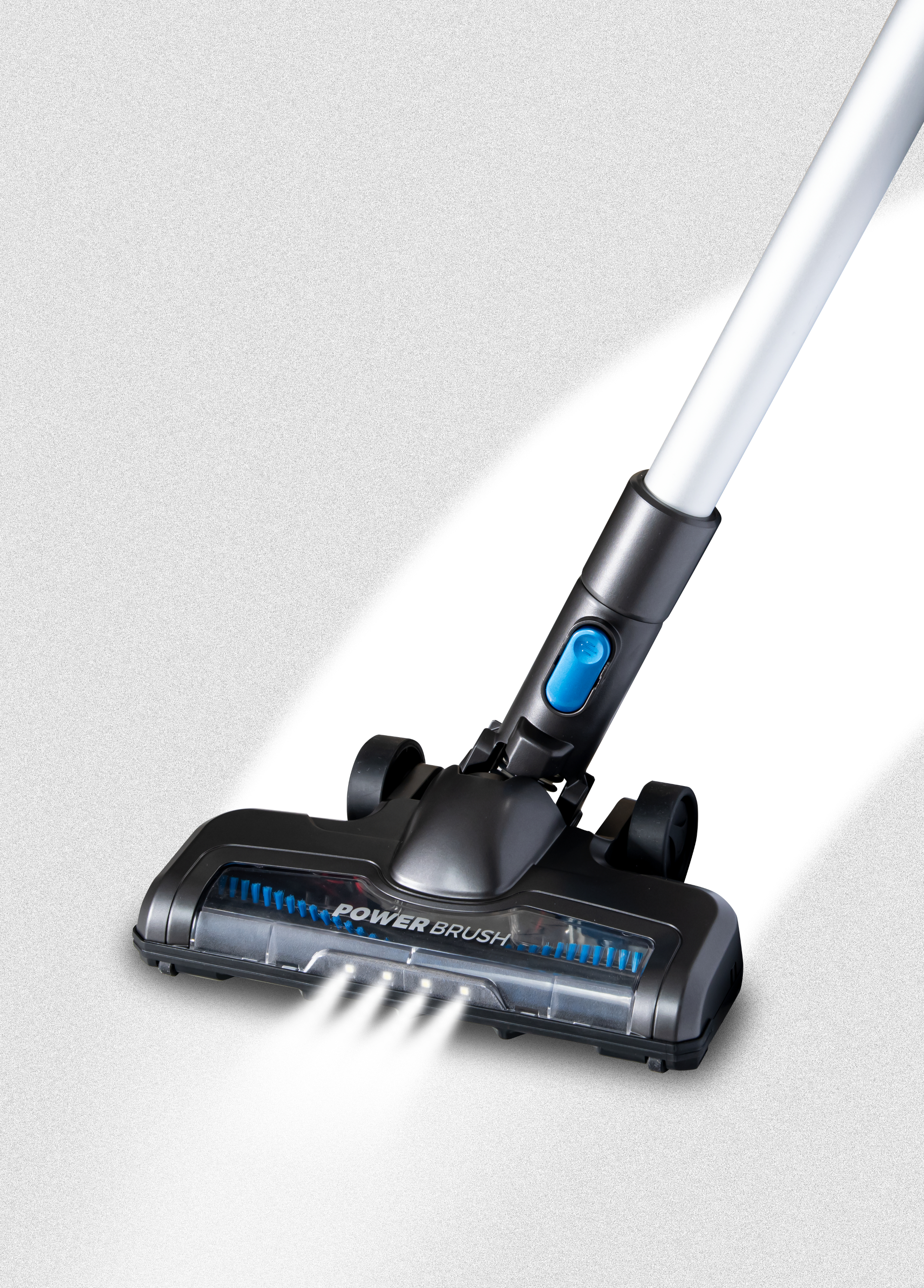 Głowica odkurzacza, z szczotką elektryczną, świecące światła, na jasnoszarym tle.