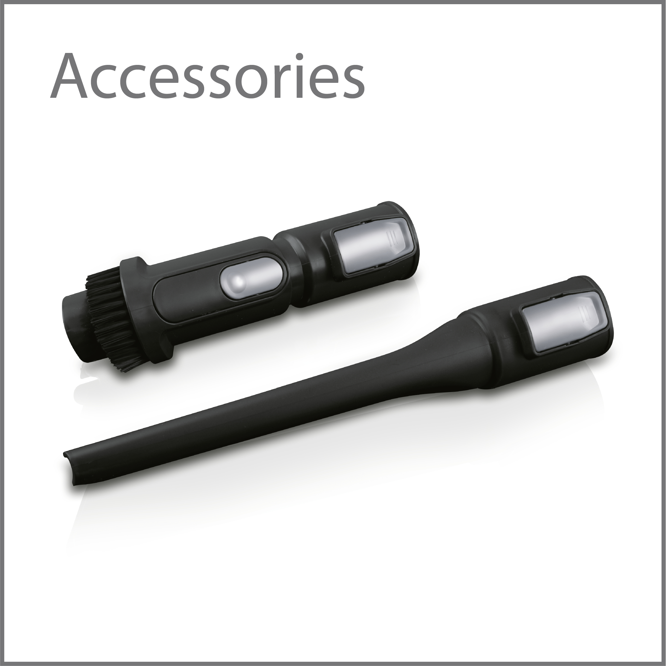 Czarne akcesoria do odkurzacza na białej powierzchni.