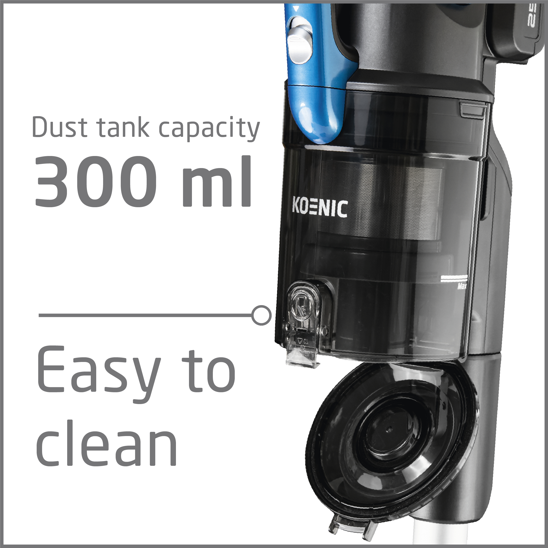 Zbliżenie pojemnika na kurz odkurzacza. Widnieje na nim napis „Koenic” i informacja o pojemności 300 ml.