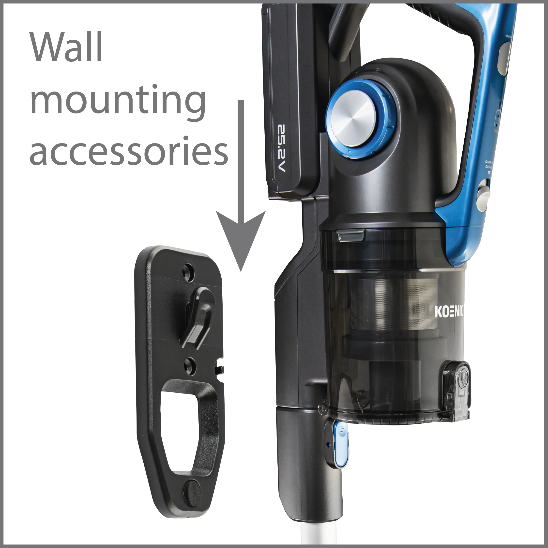 Czarny element mocowania do ściany obok odkurzacza.