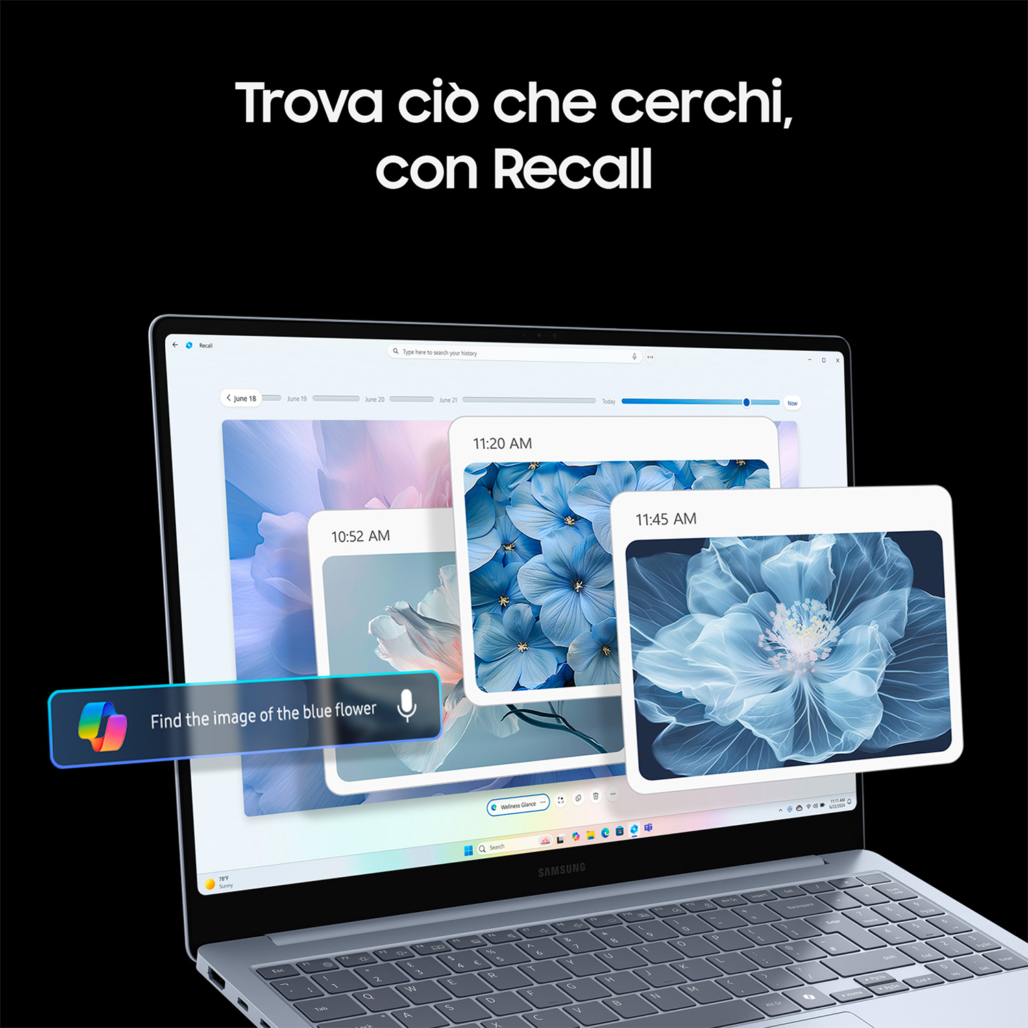 Schermo laptop con finestre app, overlay testo, sfondo scuro. 'Trova l'immagine del fiore blu'.
