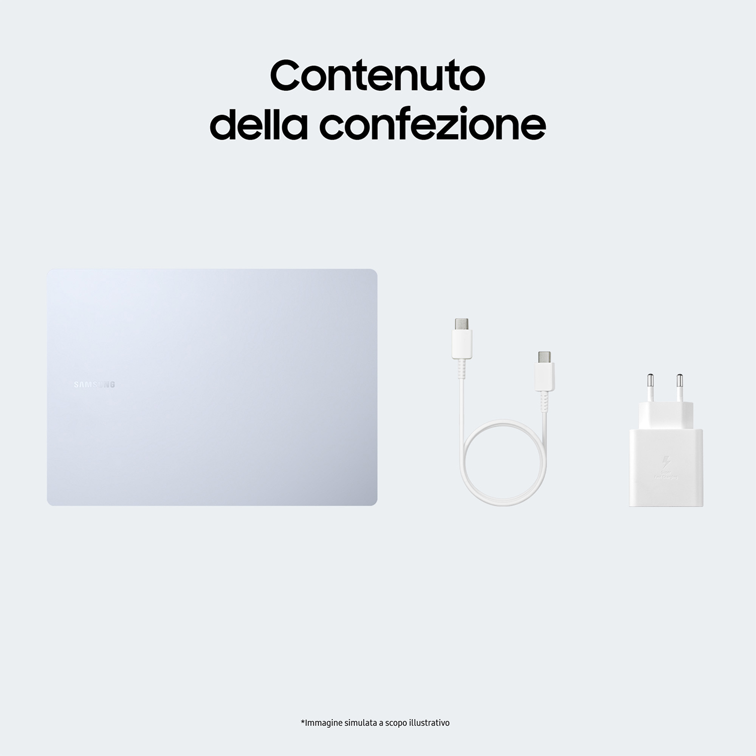 Laptop, caricabatterie e cavo sono esposti su una superficie bianca con testo in italiano.