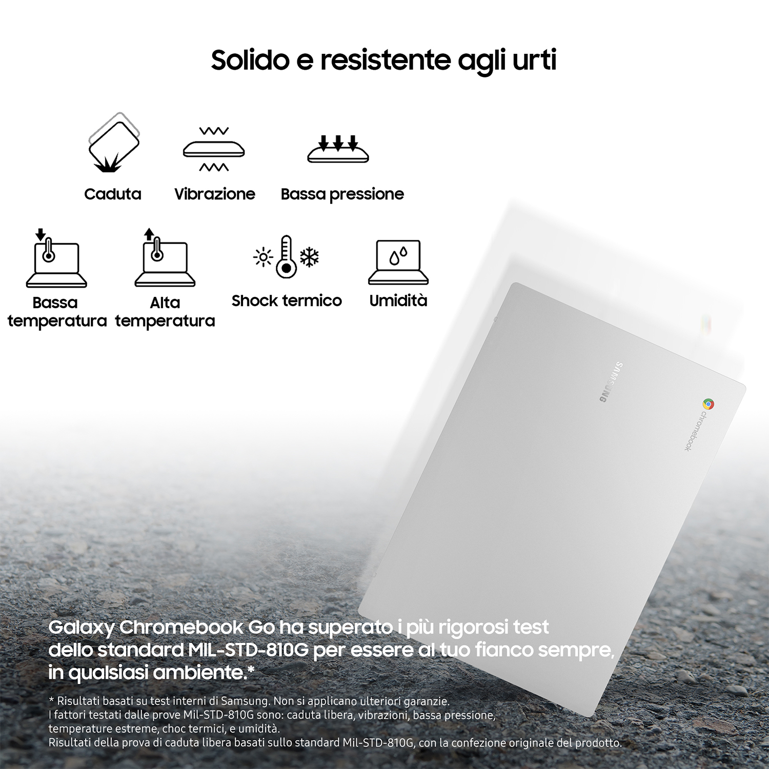 Laptop argentato con icone di caduta, vibrazione, bassa pressione, alta temperatura, urti e umidità.