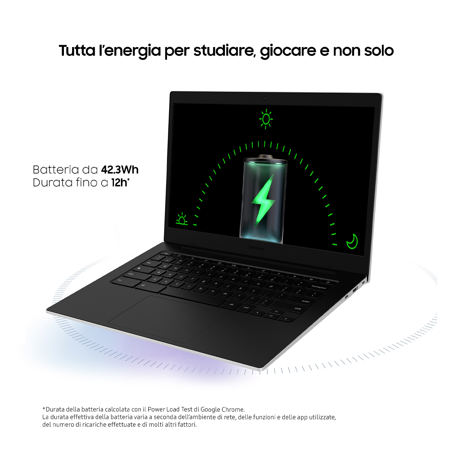 Laptop nero con grafica di ricarica della batteria. Testo: Batteria 42,3Wh, fino a 12h.