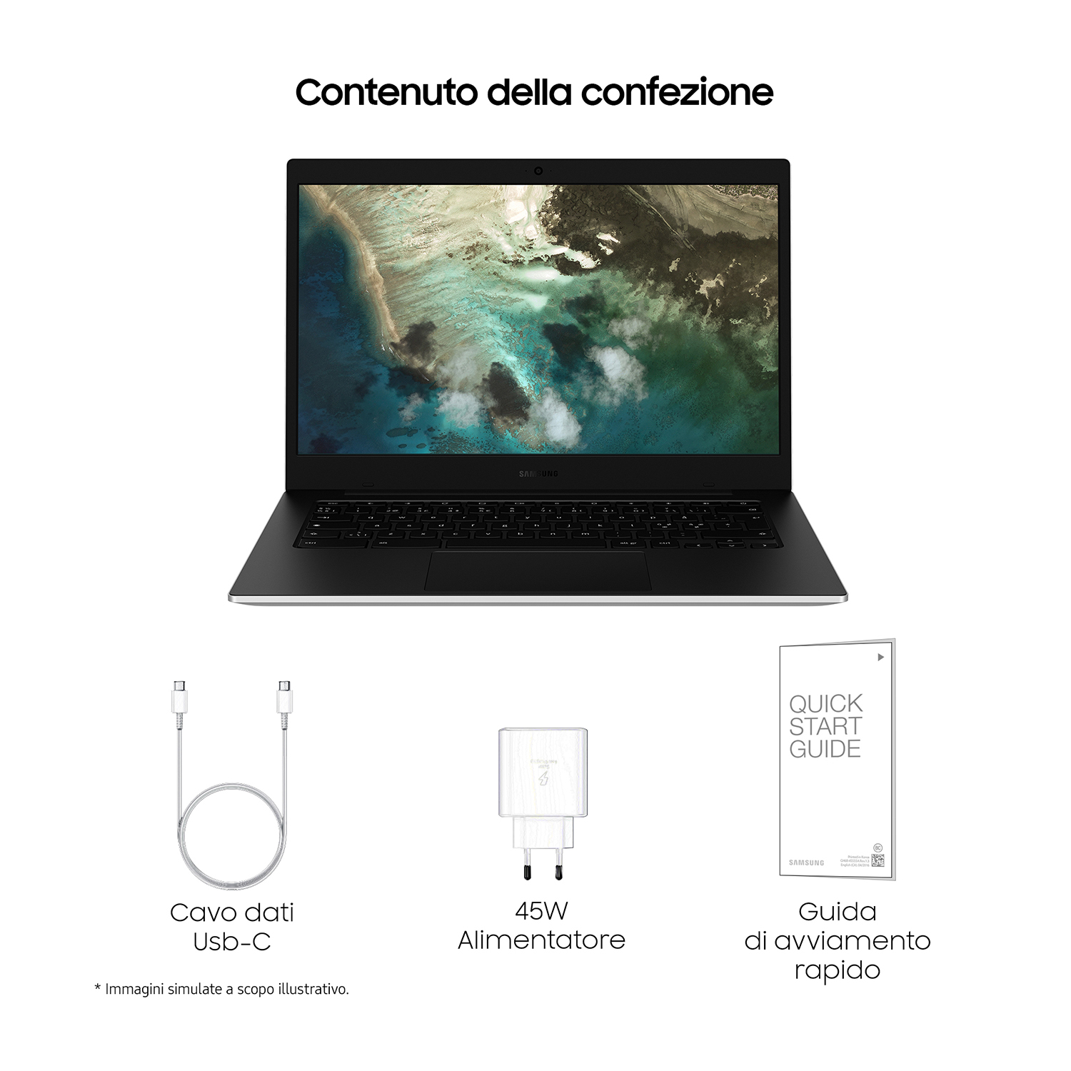 Laptop con caricabatterie e cavo. Sfondo bianco.