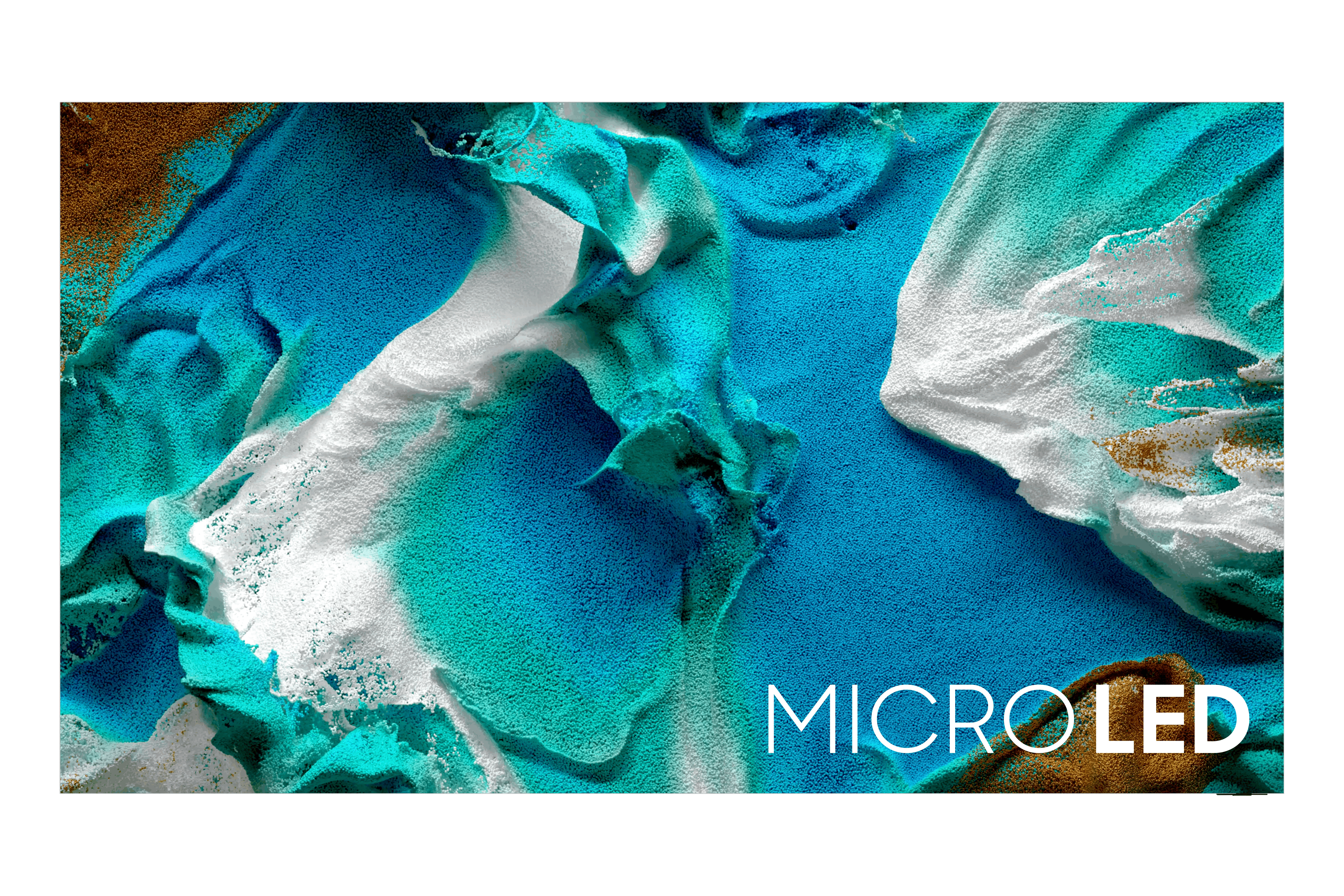 Arte abstracto con tonos azules y dorados. El texto "MICRO LED" está en la parte inferior en blanco.