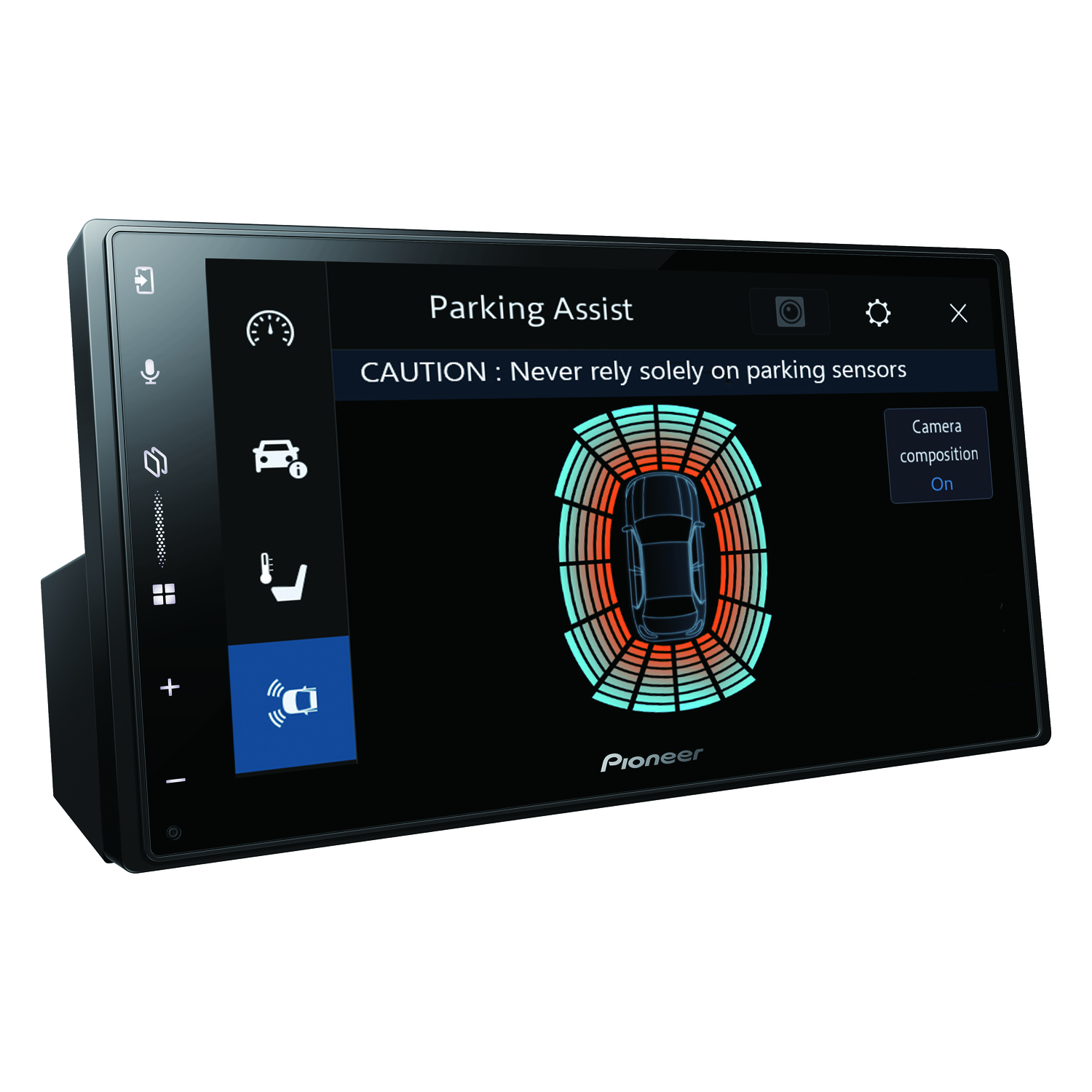 Pioneer car stereo with parking assist display, showing a car image.