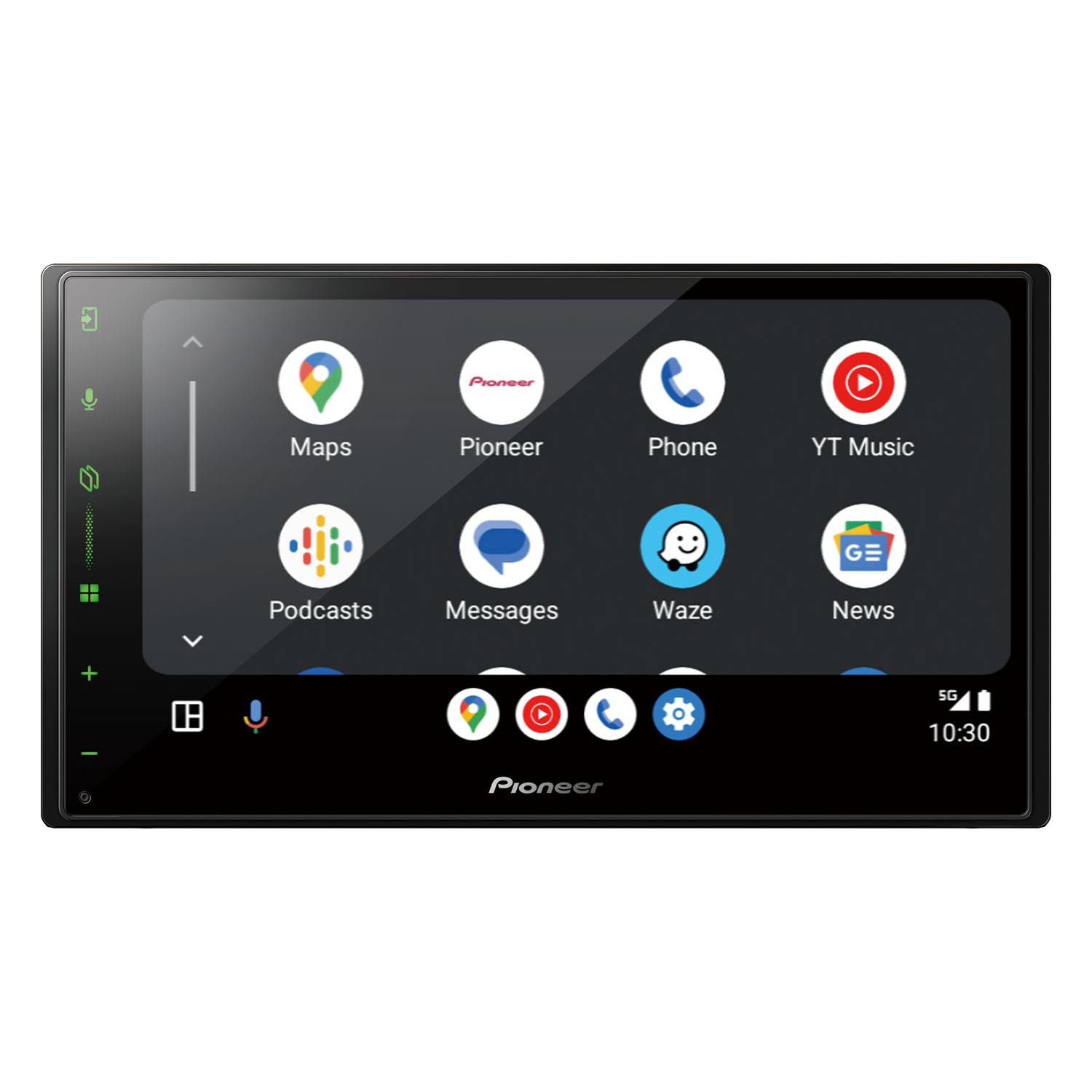 Car stereo with a touchscreen displaying navigation, phone, and music app icons.