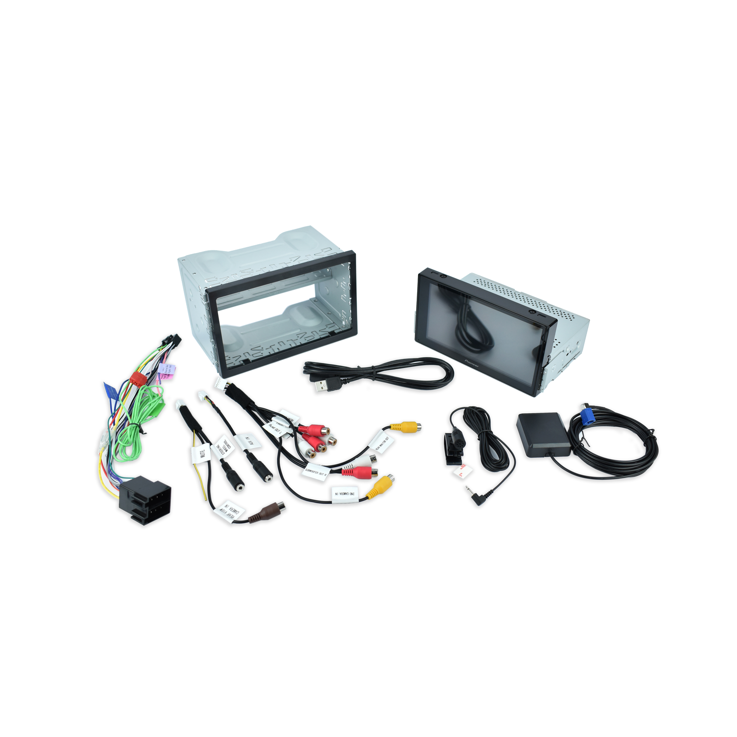 Car stereo installation kit with wires and components, on a white background.