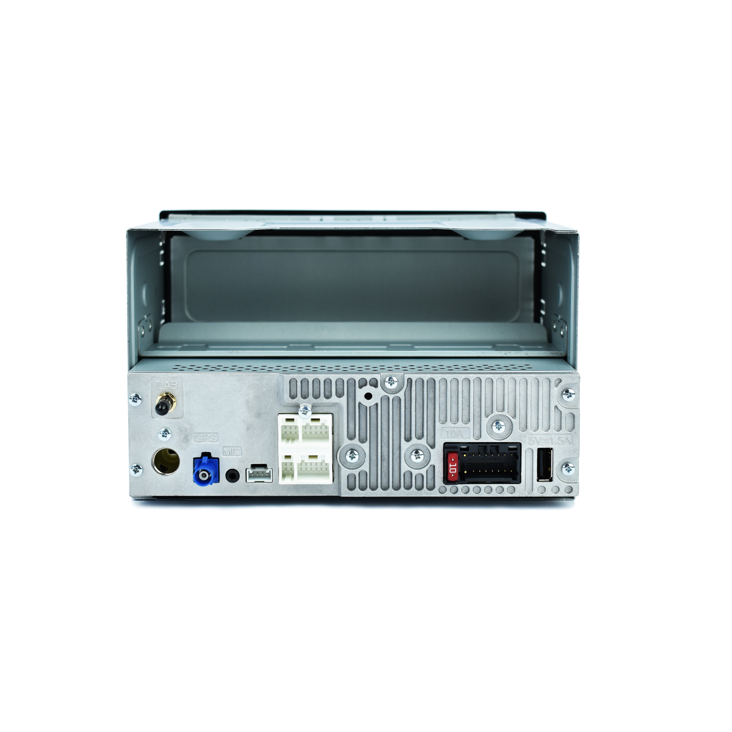 Back of a car stereo with various connectors, ports, and an open compartment.