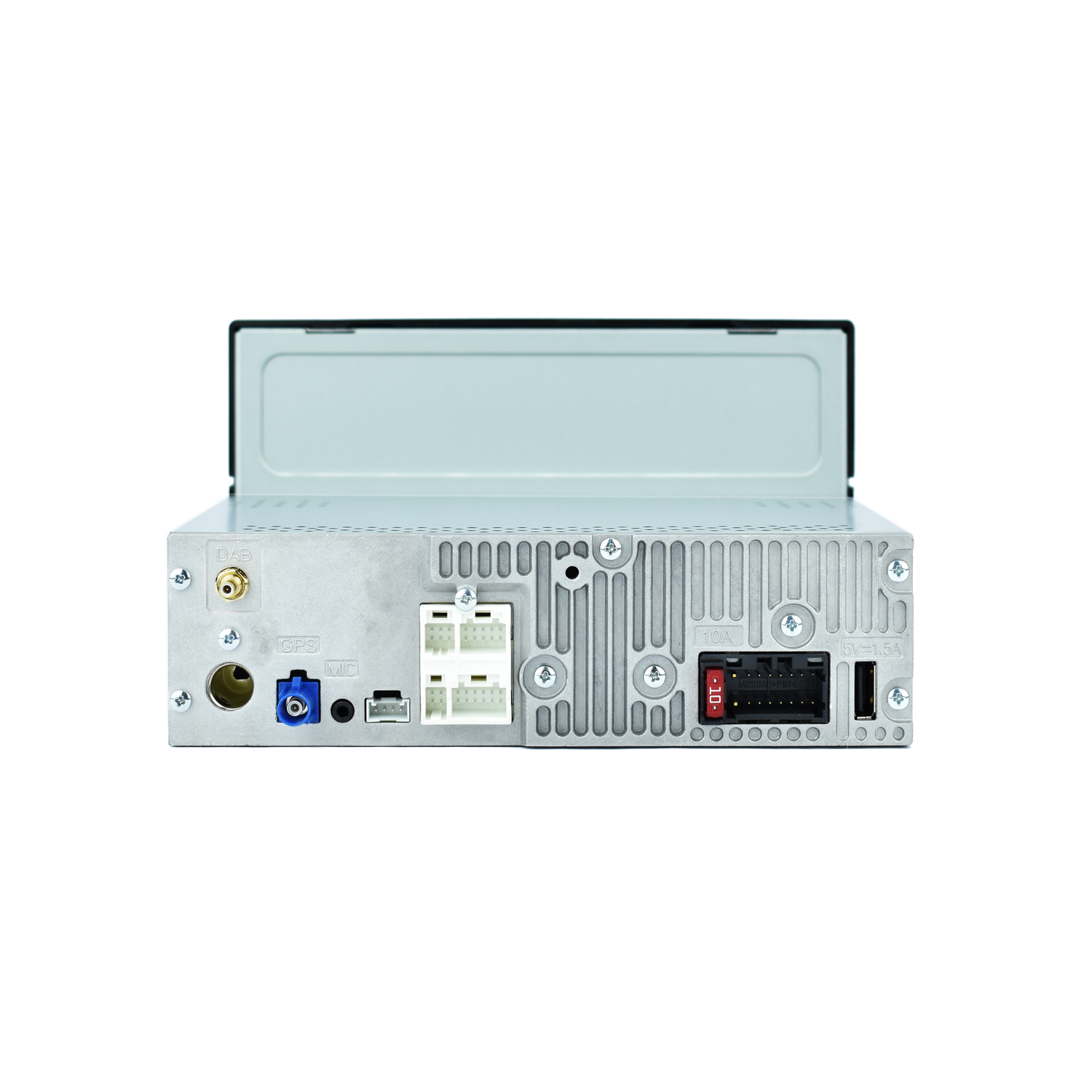 Back of a car radio, showing antenna, GPS, MIC, and other ports.