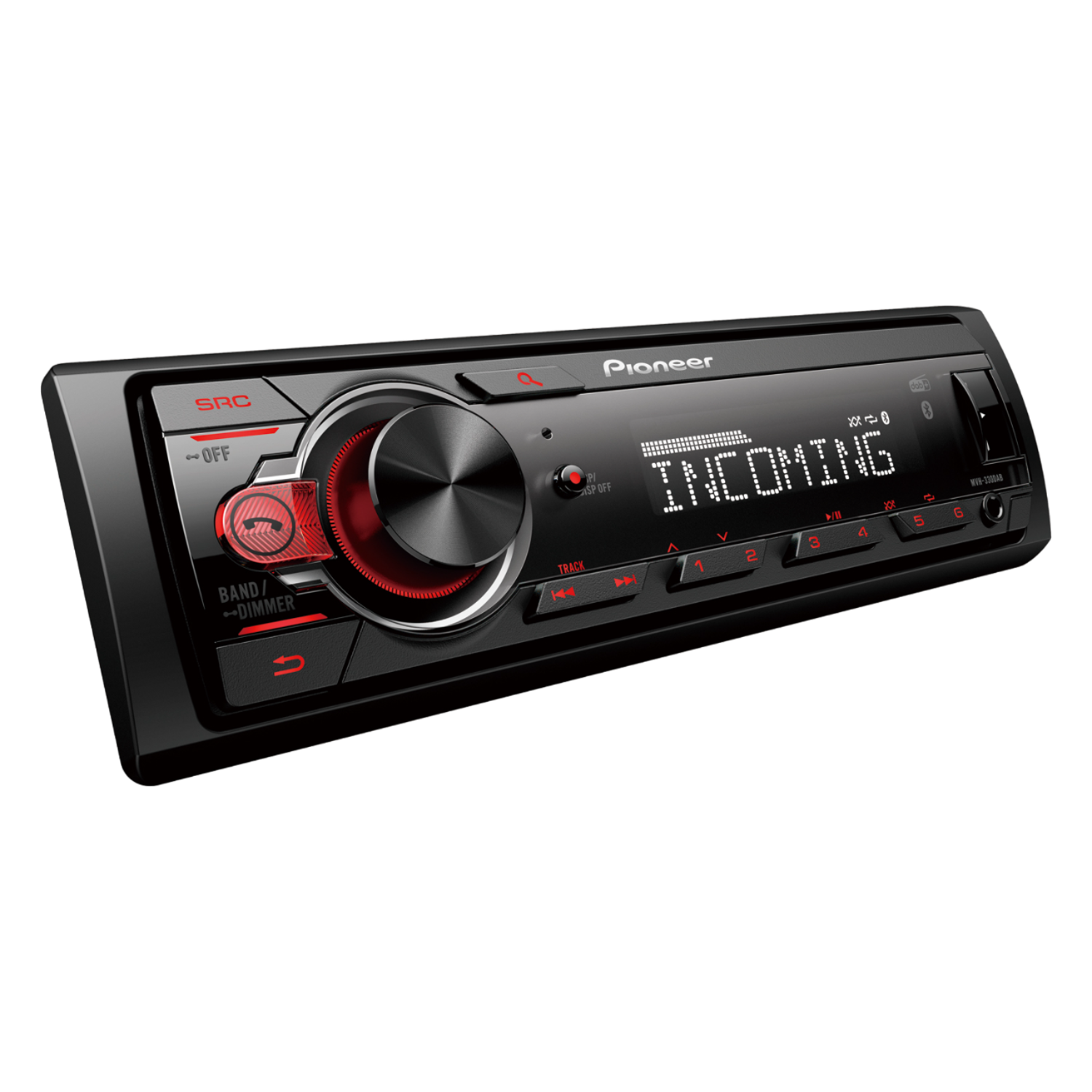 Pioneer autoradio met display met 'INCOMING' en knoppen.