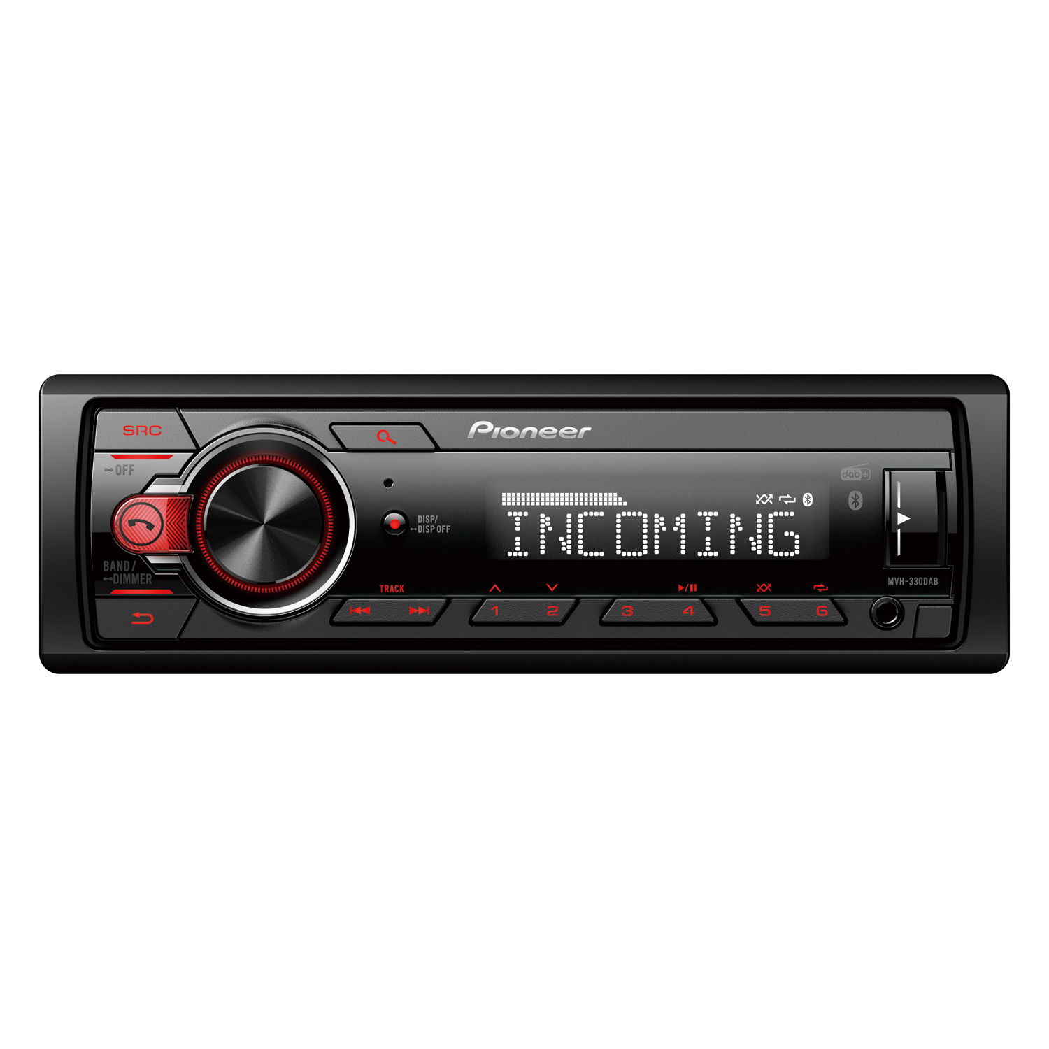 Een Pioneer autoradio met een zwart front. Het scherm toont 'INCOMING'.