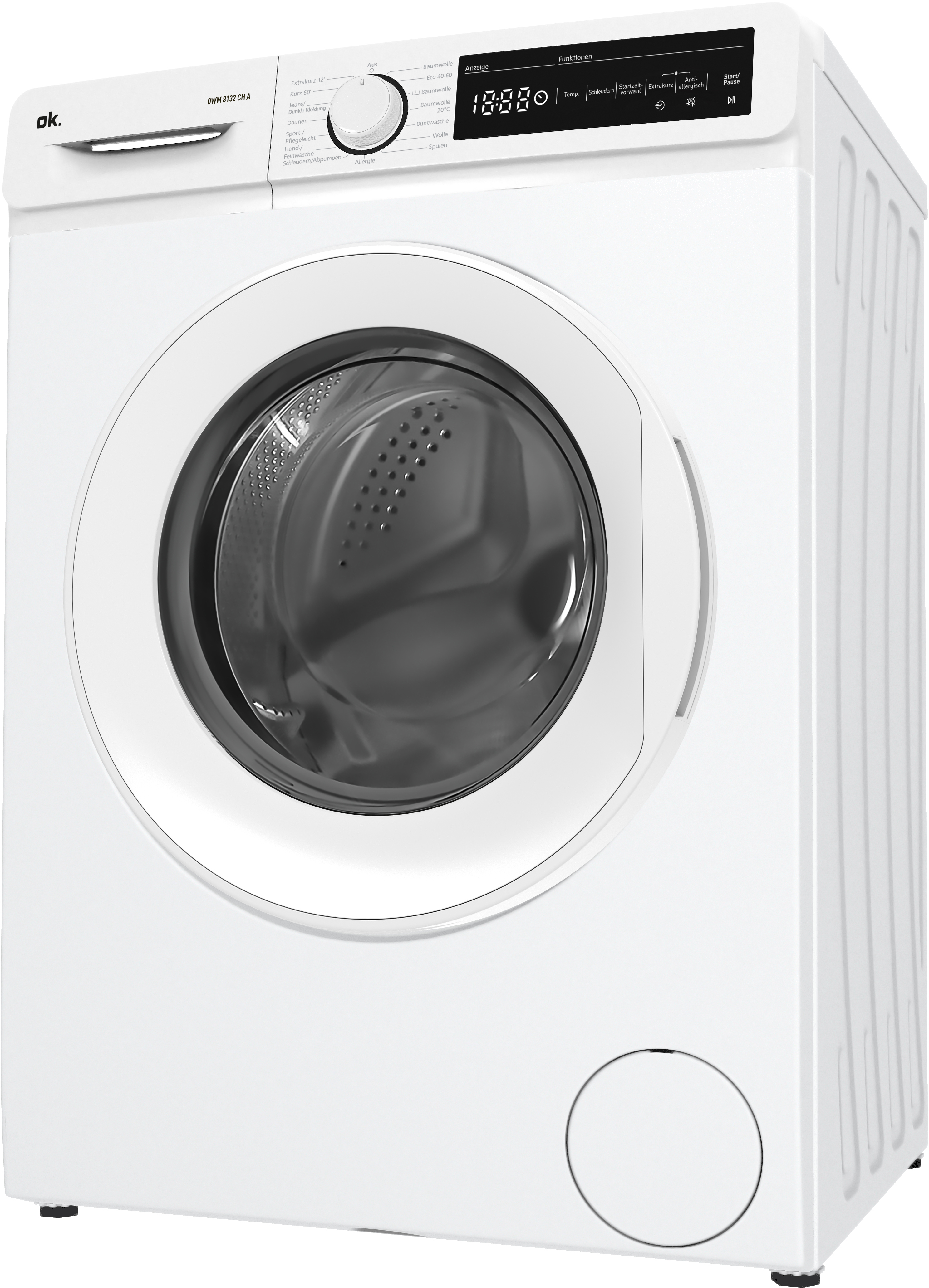 Lave-linge blanc. Chargement frontal, affichage numérique. Design épuré.