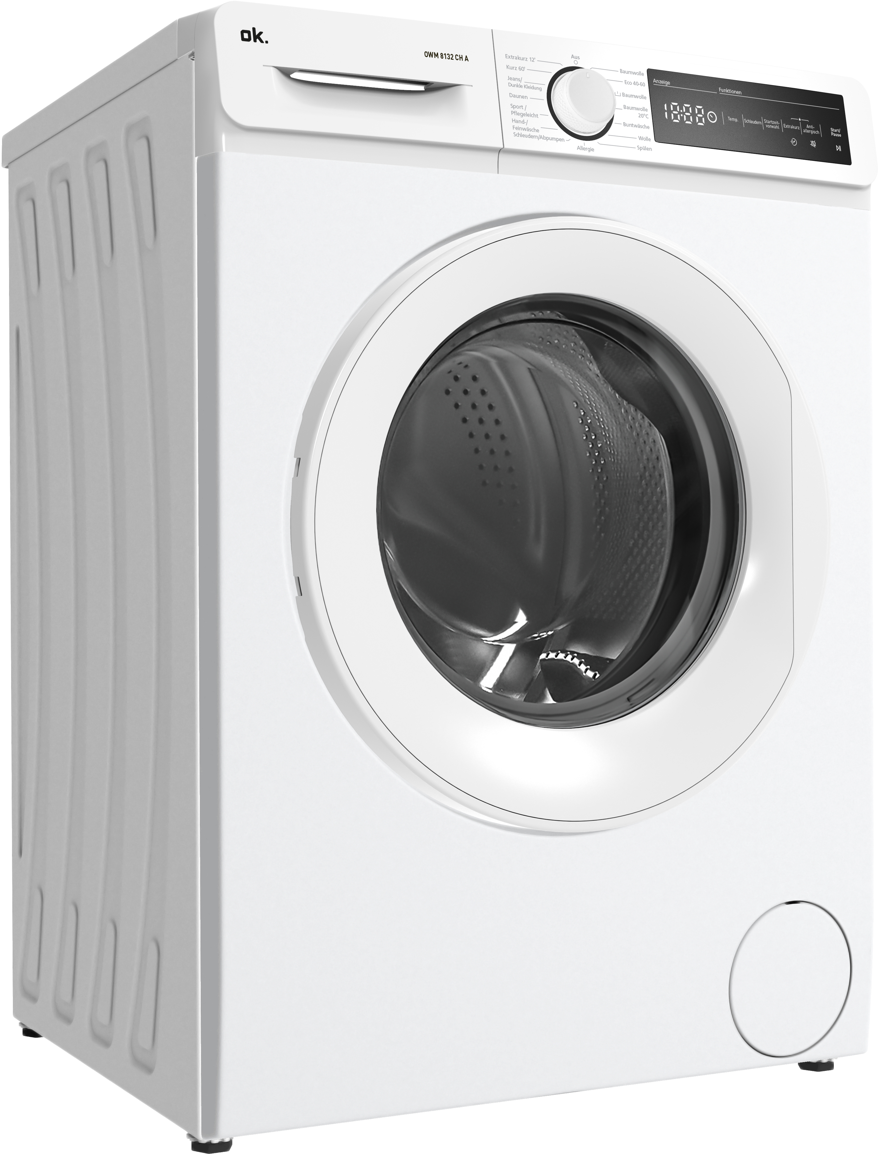 Une machine à laver blanche. Le panneau de commande et la porte sont visibles. Elle est sur une surface blanche.