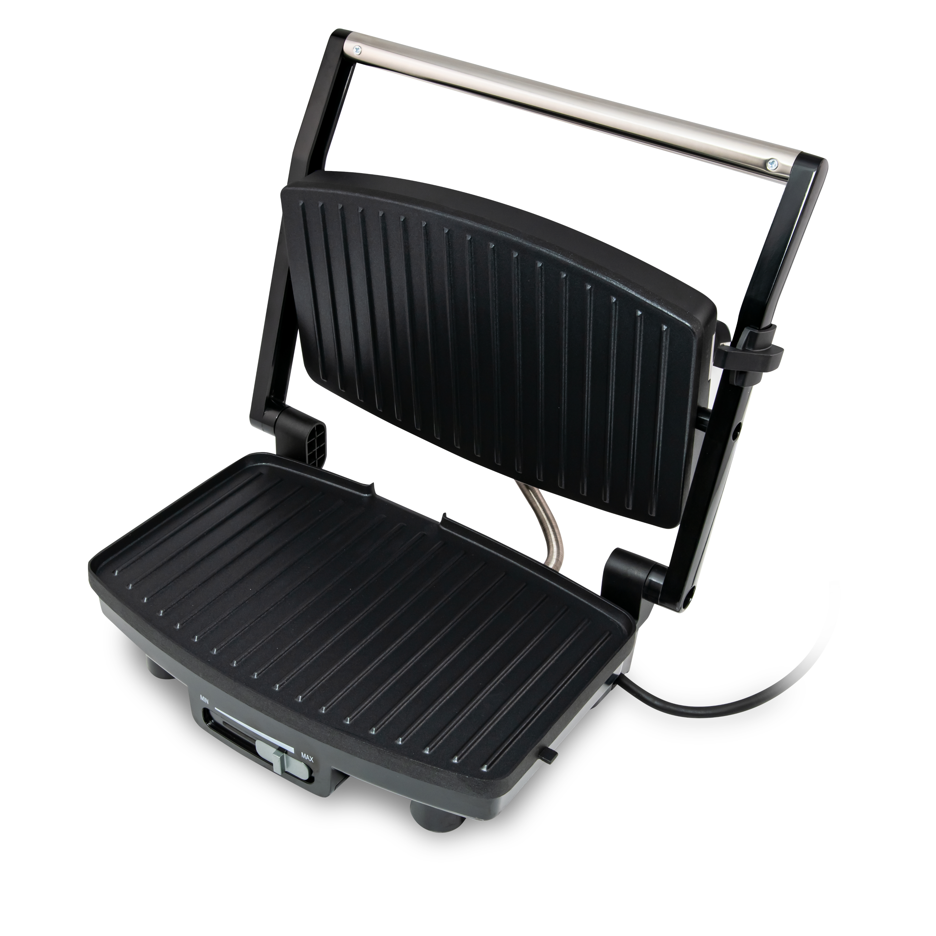 Czarny grill do panini, otwarty. Pokazuje rowkowane płyty do gotowania i pokrętło regulacji temperatury.