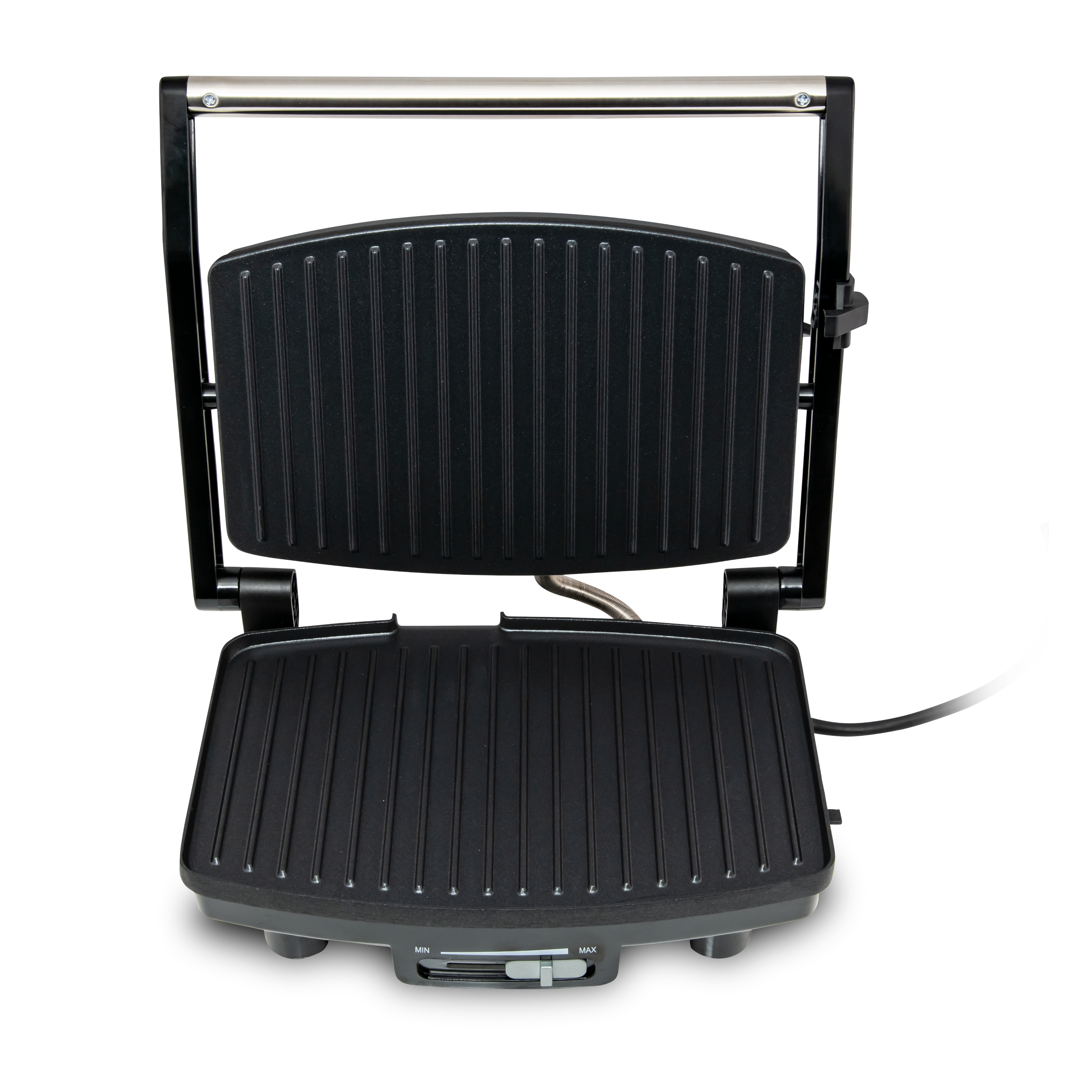 Otwarty czarny grill, góra otwarta. Uchwyt u góry, pokrętło u dołu, na białej powierzchni.