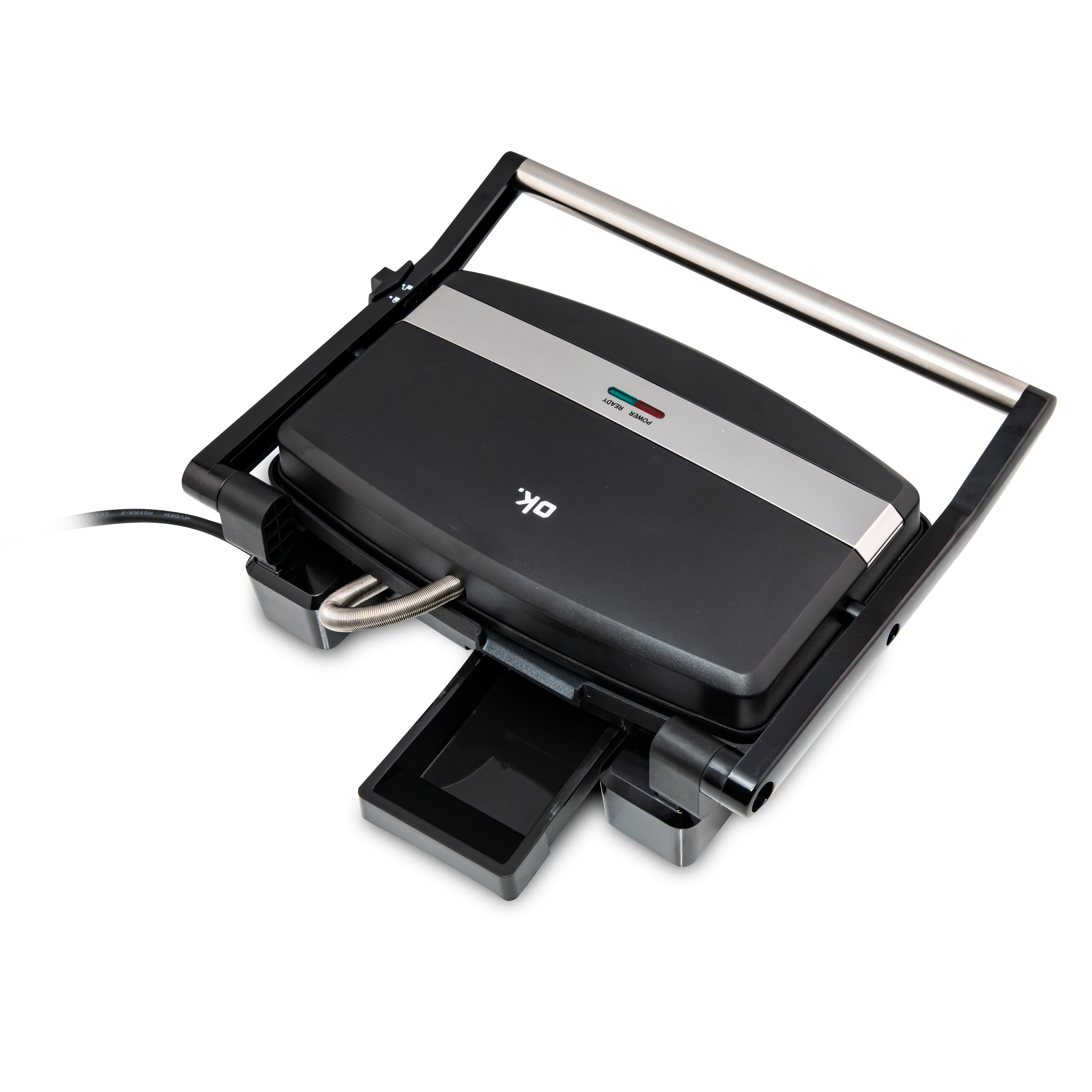 Czarno-srebrna elektryczna opiekacz do kanapek, otwarty i gotowy do użycia na białym tle.