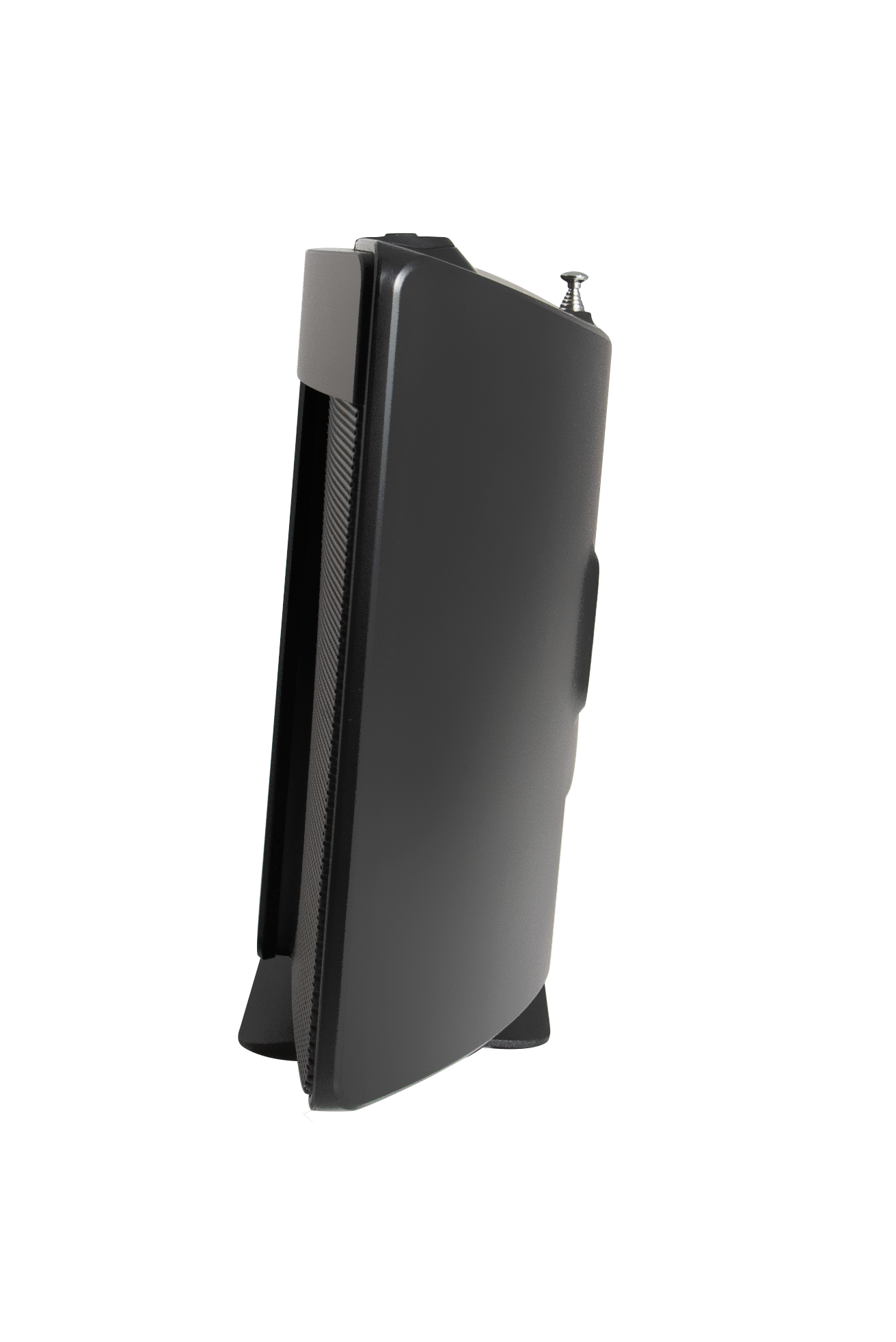 Czarne urządzenie z podstawką, prawdopodobnie odbiornik cyfrowy lub antena.