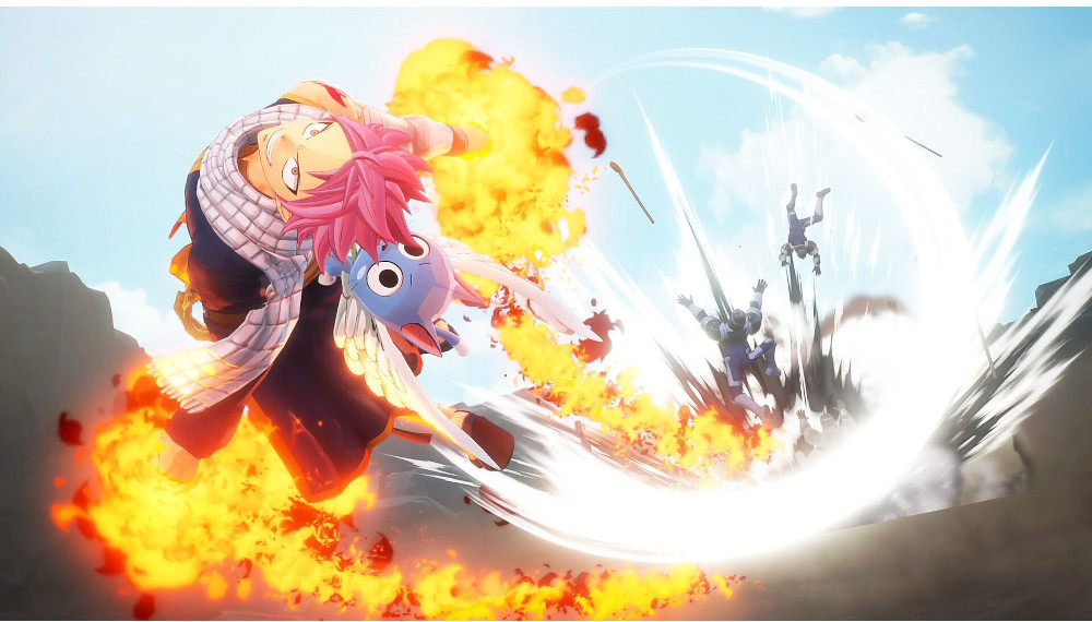 Anime-personages vechten in een vurige explosie. Een blauwharig personage is in de lucht.