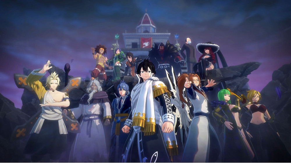 Groep anime-personages van Fairy Tail, samen staand, in heldenpose, 's nachts.