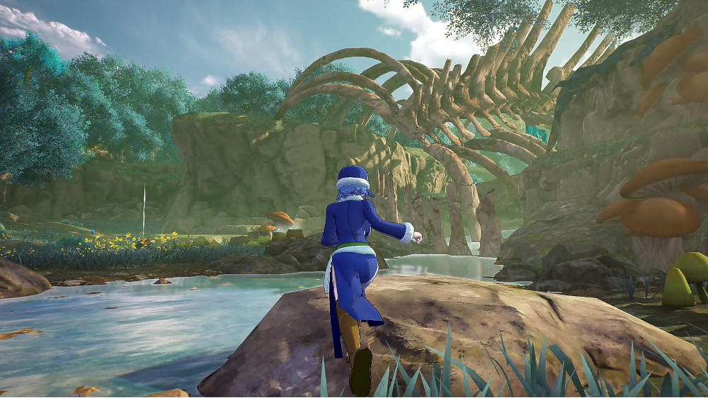 Een vrouw in blauwe jas loopt op een rots, bij een rivier. Achtergrond is een skeletstructuur.