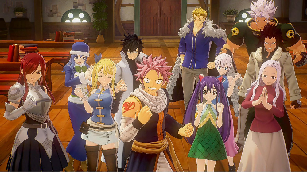 Een groep anime-personages die samen poseren, glimlachend.