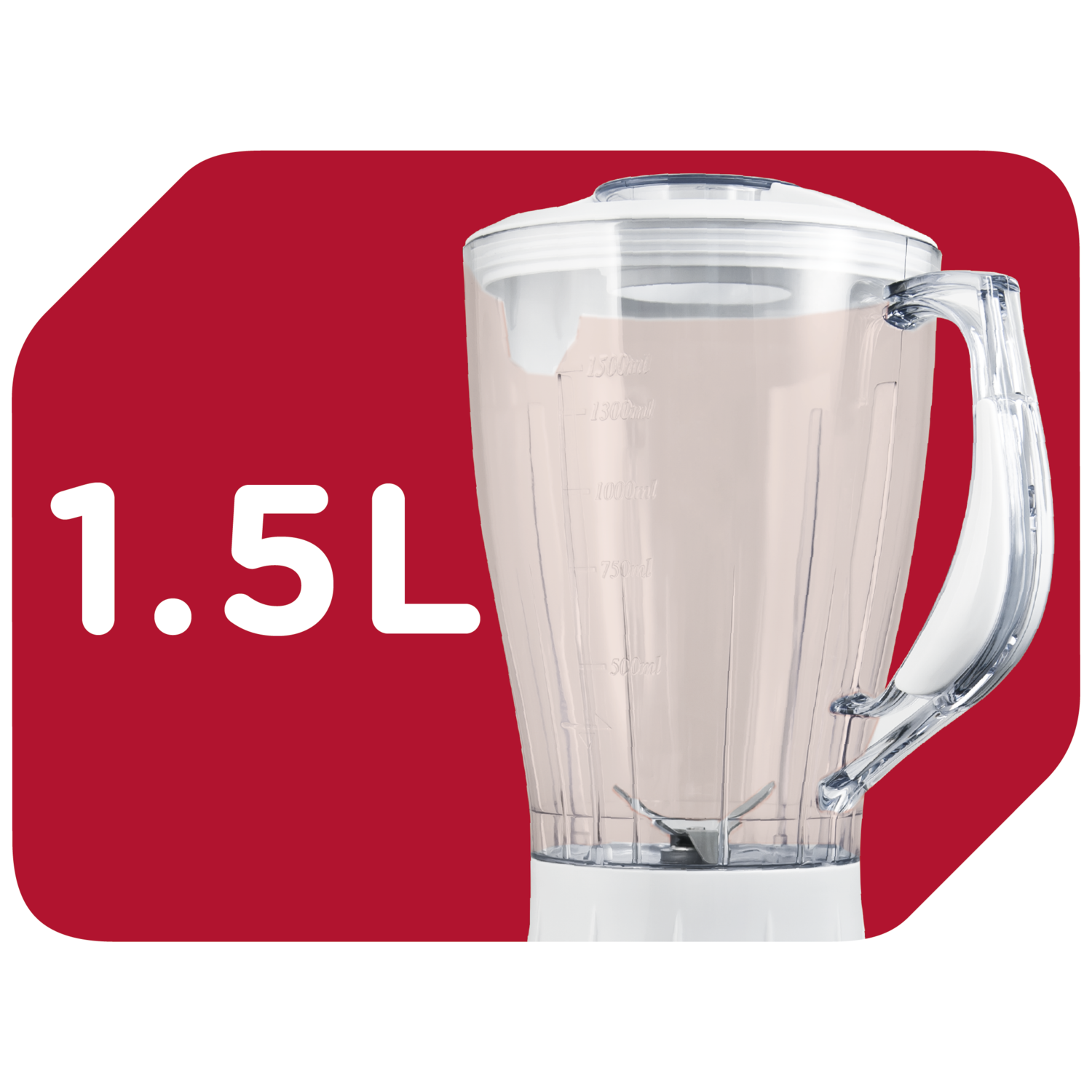 Blenderkan met witte deksel, handvat en tekst 1.5L op rode achtergrond.