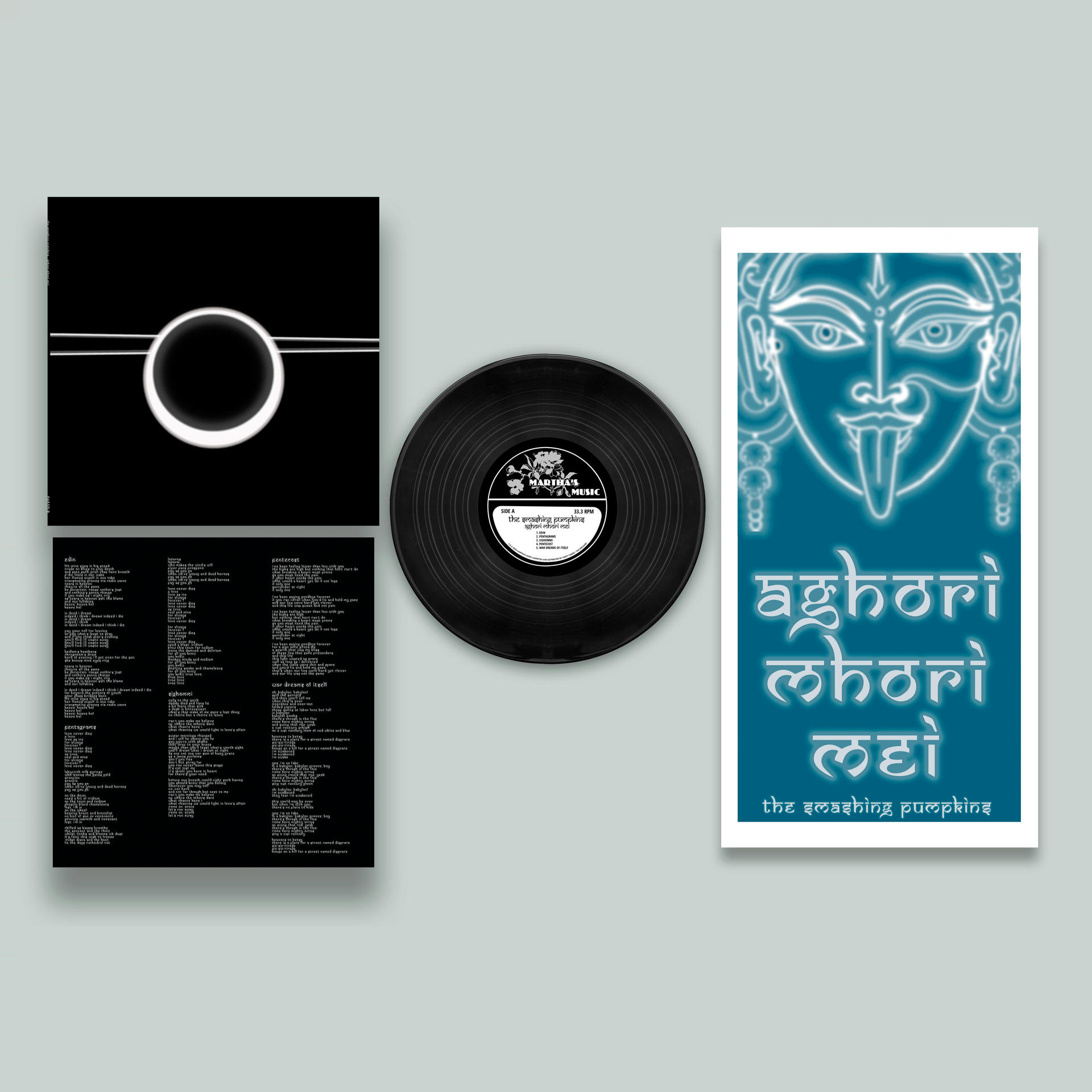 Albumcover, Schallplatte und Flyer mit Kunst und Text auf grauem Hintergrund.