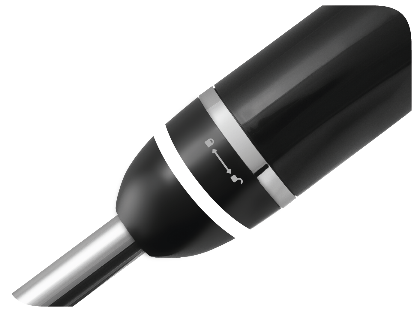 Zbliżenie czarnego blendera. Obrotowe pokrętło pokazuje symbole blokady/odblokowania.