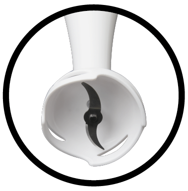 Zbliżenie białej głowicy blendera ręcznego z ostrzami, czarna obwódka koła.