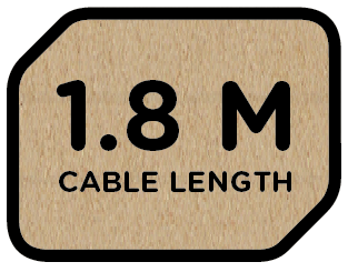 Brązowa etykieta z napisem '1.8 M CABLE LENGTH' czarnymi literami.