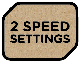 Brązowa etykieta z czarną obwódką i tekstem: 2 SPEED SETTINGS, wskazującym opcje prędkości.