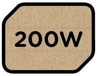 Brązowa etykieta z tekstem 200W, wewnątrz brązowego kształtu z czarną obwódką.