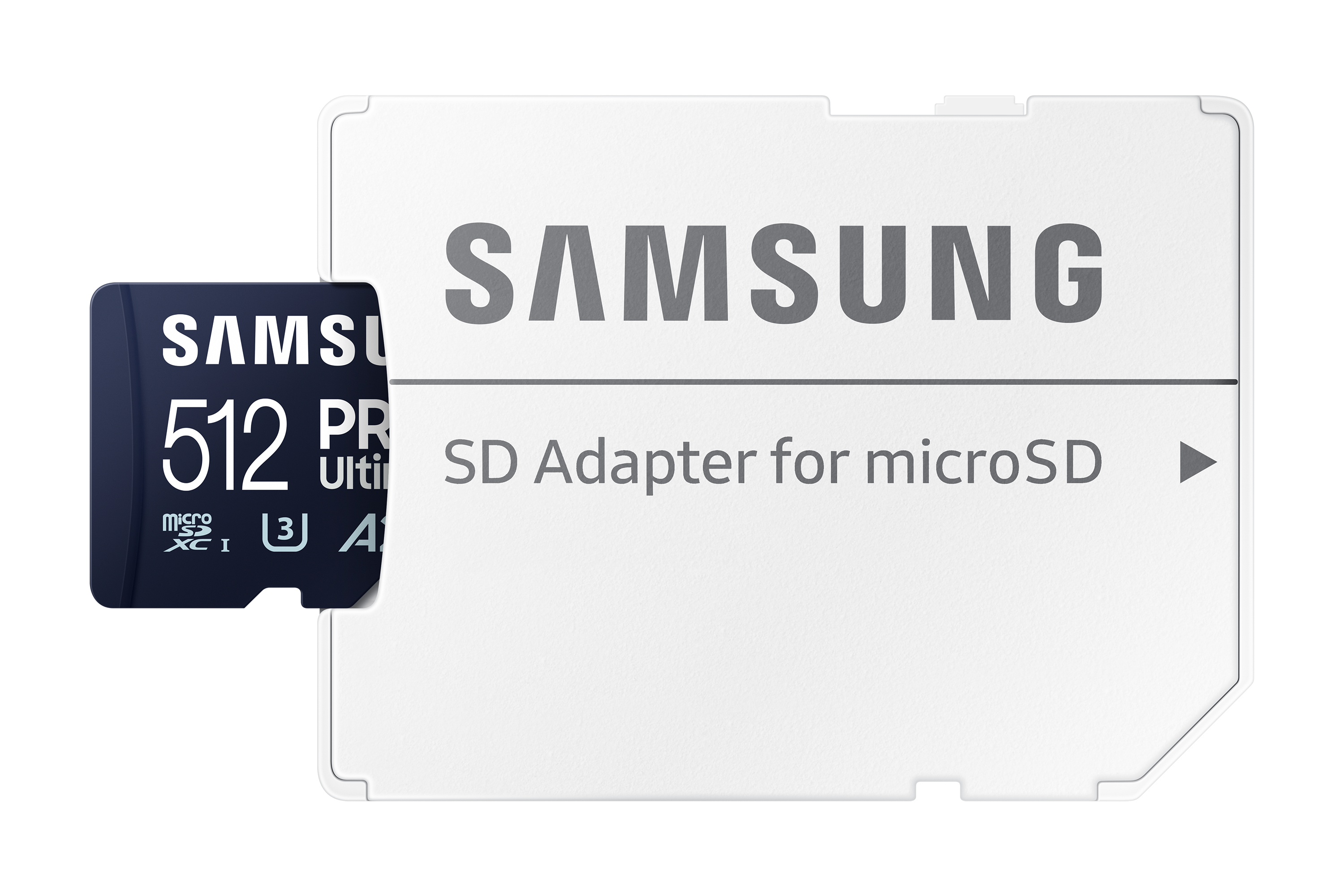 Tarjeta SD y adaptador SD en blanco. La tarjeta es negra con texto Samsung blanco.