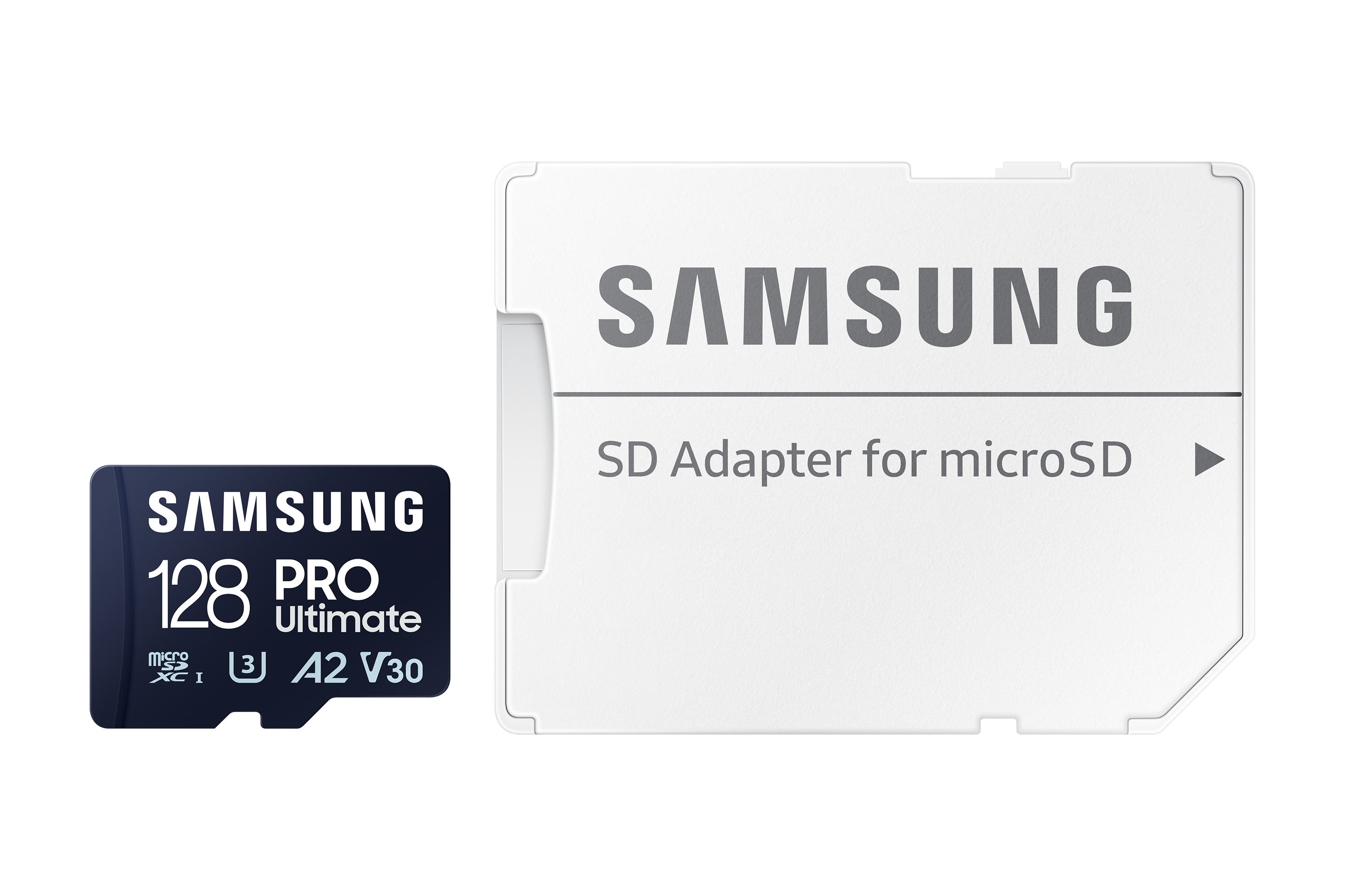 Tarjeta MicroSD Samsung y adaptador SD. La tarjeta es negra con texto blanco, el adaptador es blanco.
