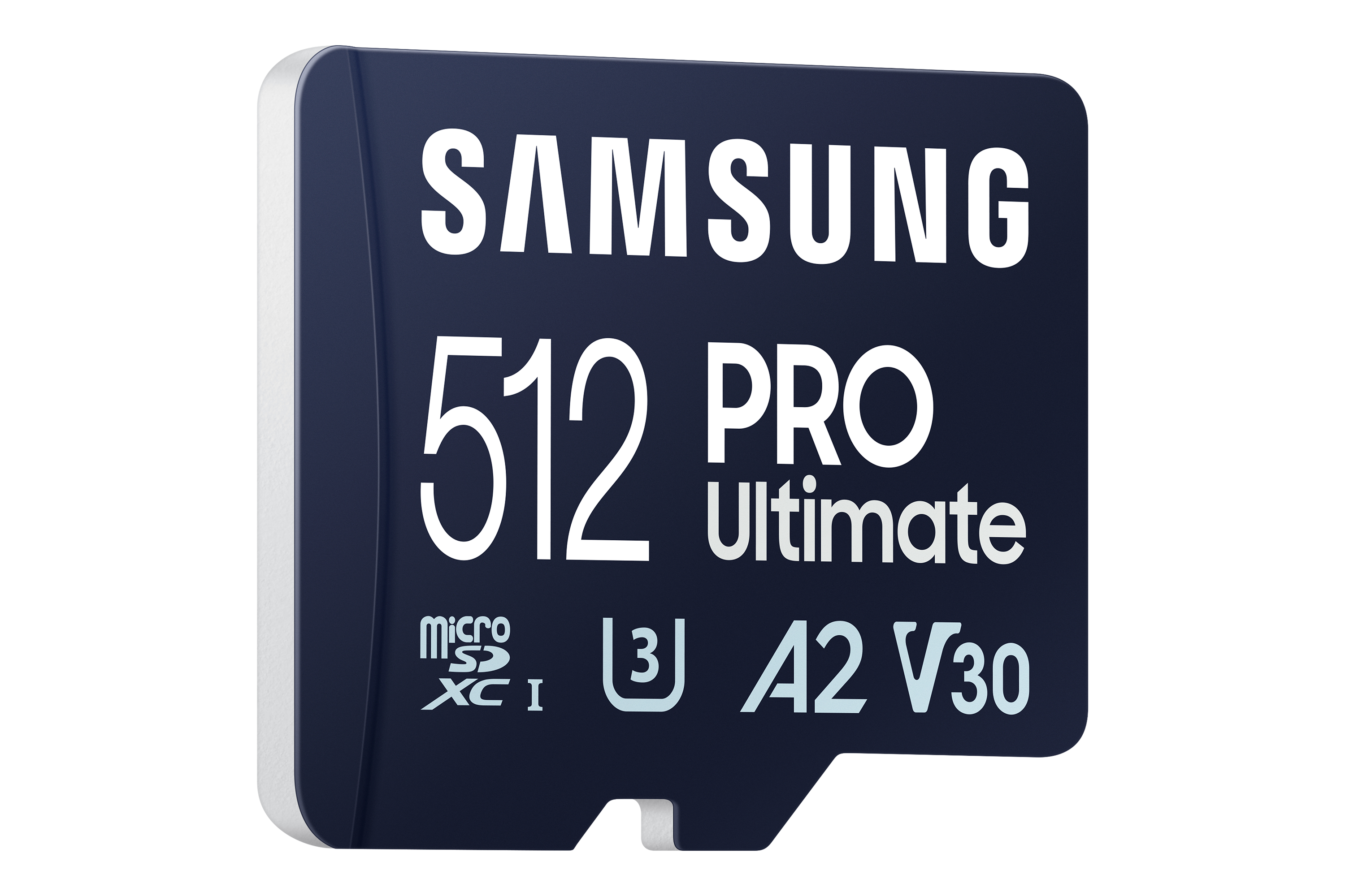 Tarjeta microSD Samsung 512 PRO Ultimate. Tarjeta azul con texto blanco.