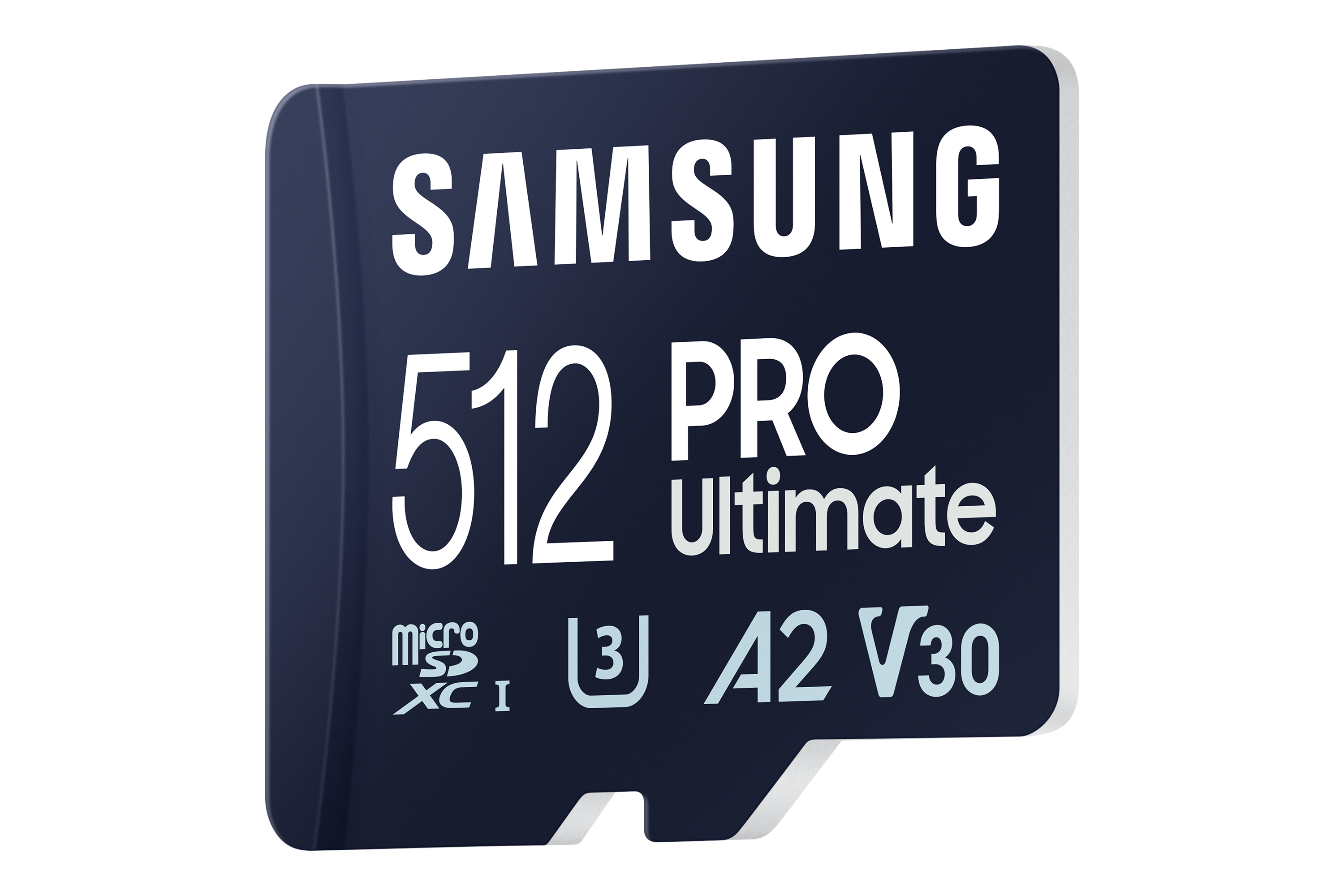 Una tarjeta microSD Samsung 512 Pro Ultimate negra y azul se muestra sobre un fondo blanco.