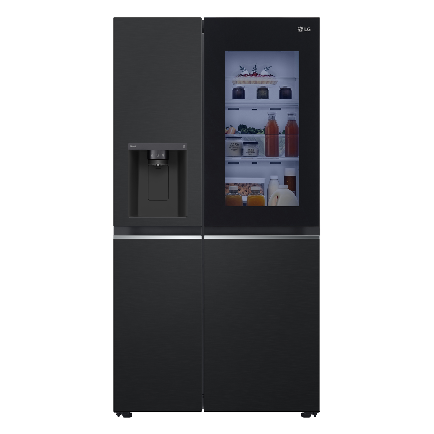 Black LG refrigerator with a mirrored door, showing food inside. Water dispenser. Four door design.