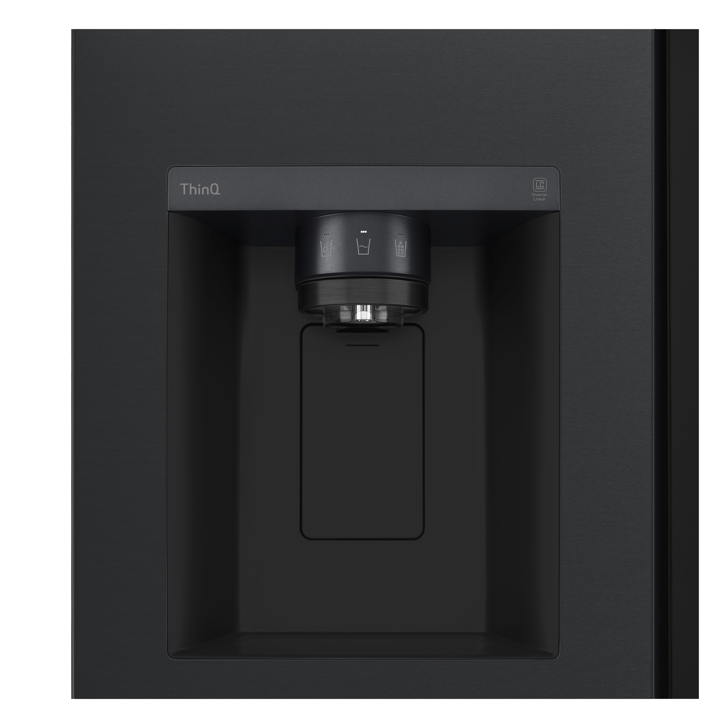 A black refrigerator with a water dispenser in the door.