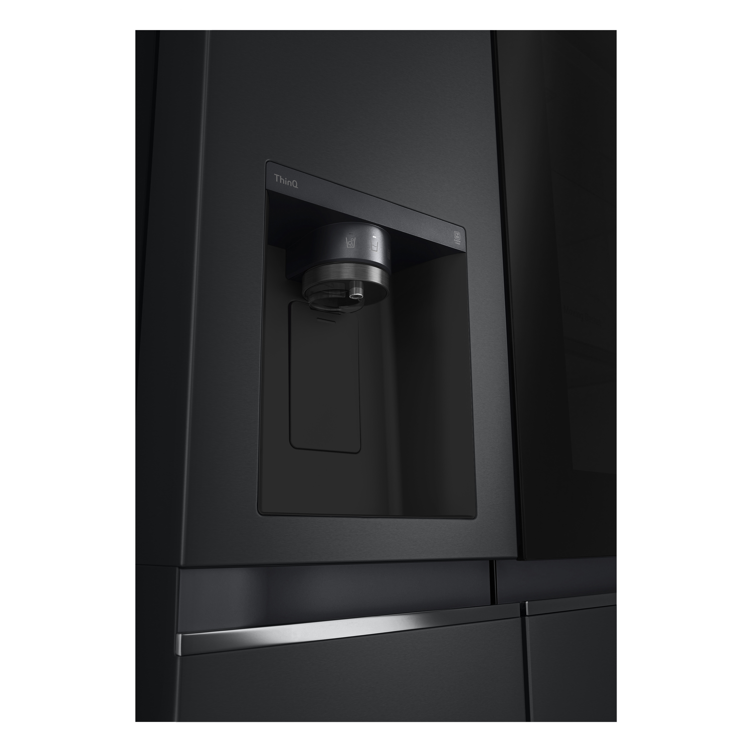 A black refrigerator door with a water and ice dispenser and the ThingQ logo.