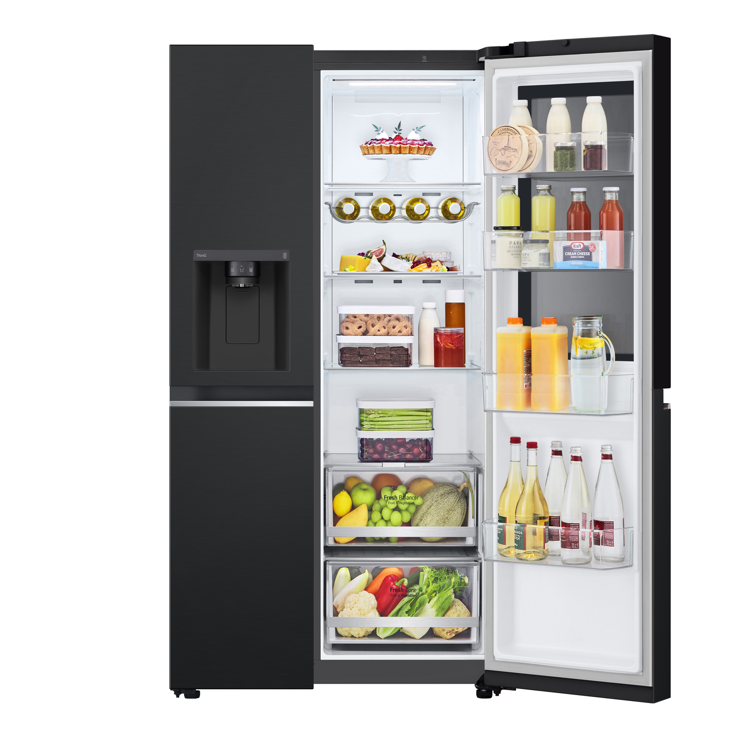 Black LG refrigerator with opened doors, showing contents like food and drinks.