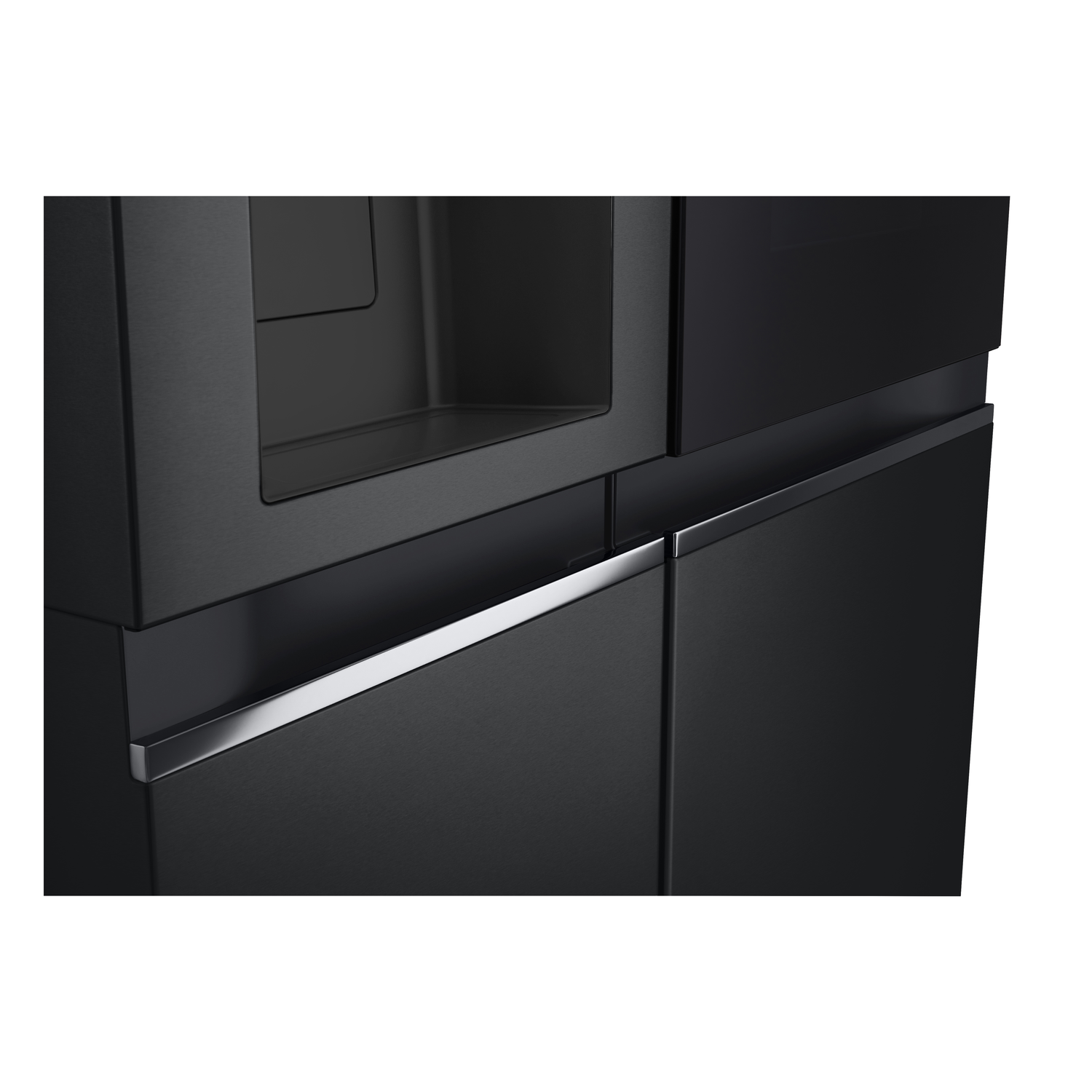 Close-up of a black refrigerator with a glass panel and silver handle details.