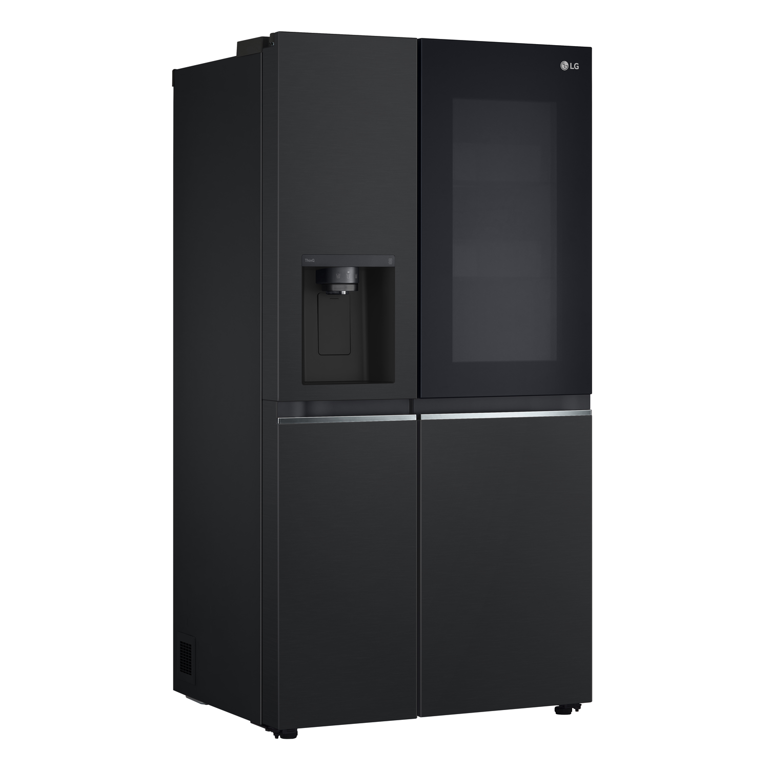 Black LG refrigerator with four doors. One door has a glass panel. A water dispenser is in place.