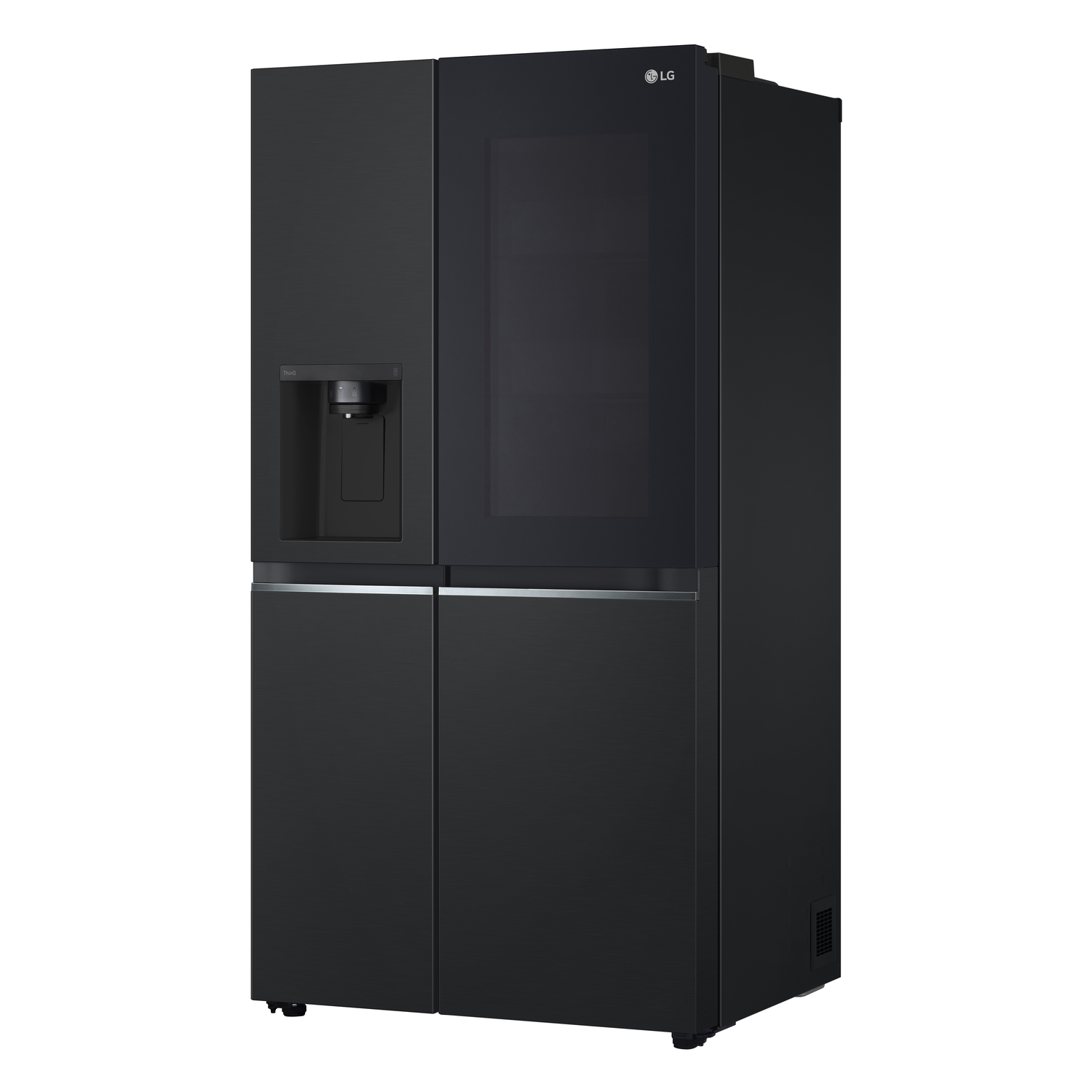 Black LG refrigerator. It has two doors on top and two on the bottom, with a water dispenser.